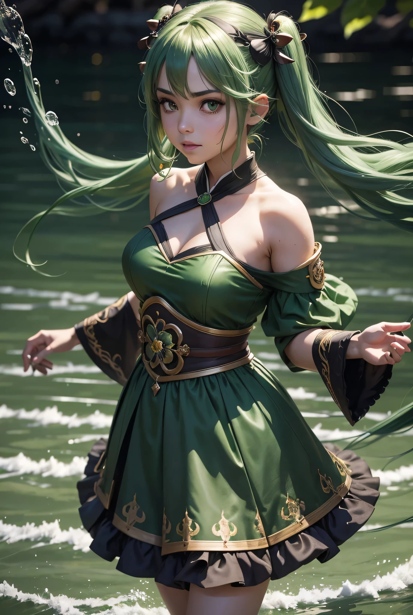 1girl, solo, hair ornament, green hair, twintails, long hair, dress, water,, mid shot portrait photo of (Faruzan) from Genshin Impact,, dark fantasy background, charming smirking., by Greg Rutkowski and Walt Disney ultra realistic highly detailed intricate photorealistic analog style photograph sharp focus on eyes, cinematic lighting,, , ,UHD, HDR, 8K