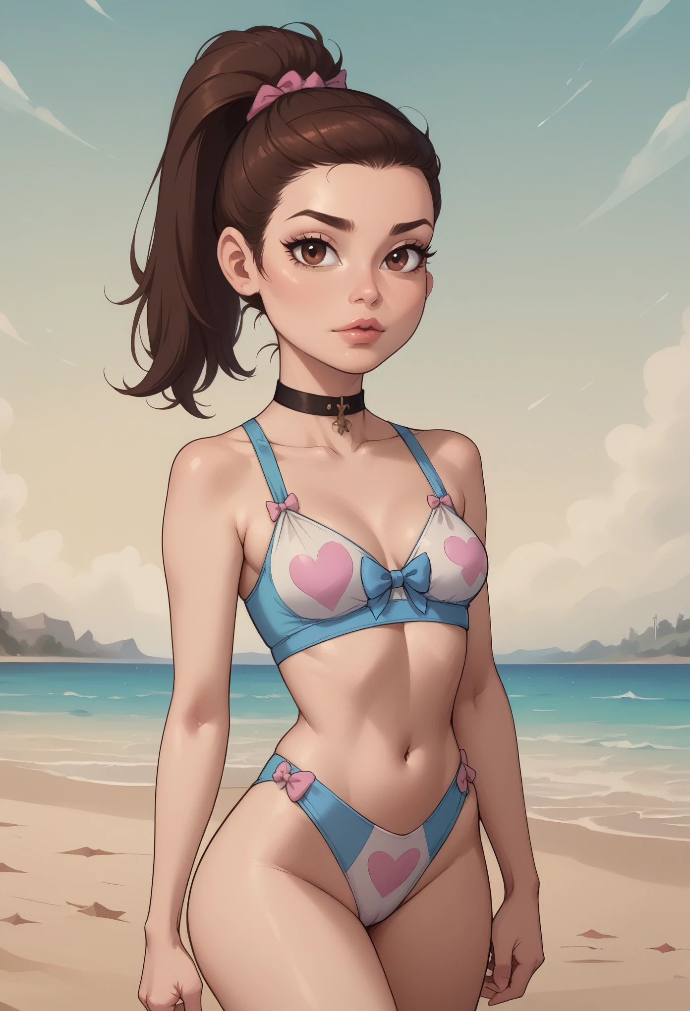 Princess Marco. brown eyes, brown hair, ponytail. small saggy breasts. slim body. choker. bow. swimsuit. beach. (best quality, photorealistic, 1girl, solo, looking at viewer, , depth of field, (watercolor illustration, soft pastel colors:1.1), realistic,)