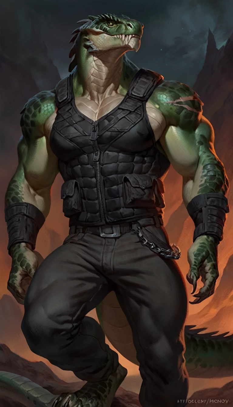 Muscular monster lizardfolk, solo, pants, mercenary, dark green body, scars on body, transparent vest, strong, metallic scales, black belly, 1male solo, anthro, muscular, wide back, small waist, thick tail, thick scales on the shoulders, marked jaw, pecs, big pecs, pants, full body, comicbook style, night time, best quality, 4k, ultra-detailed, by laobai, by taran fiddler, by honovy, by null-ghost, by thebigslick