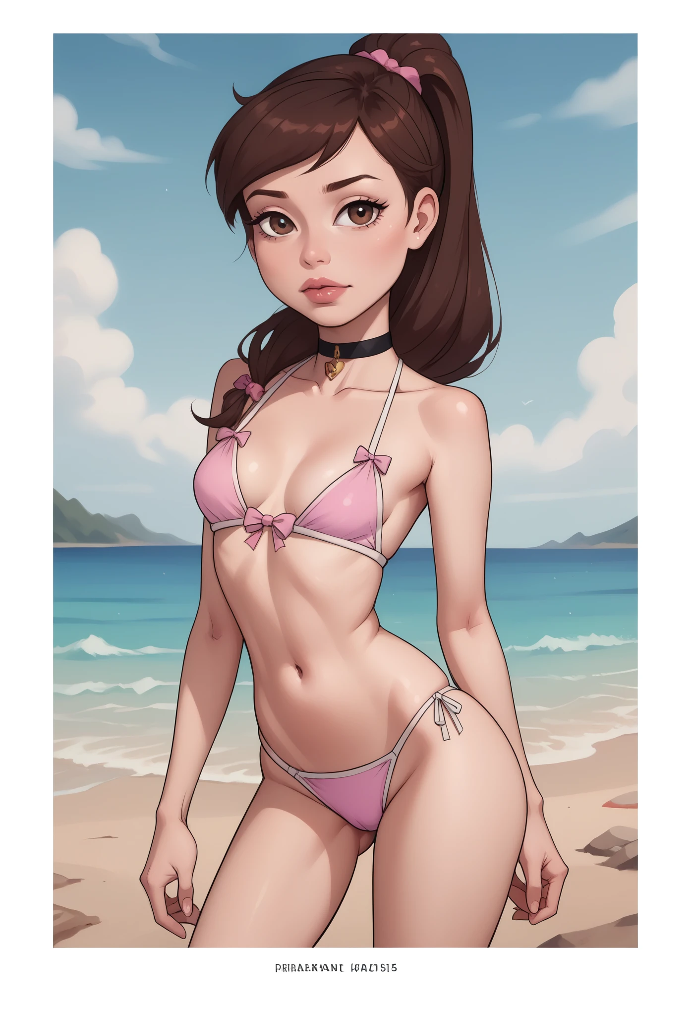 Princess Marco. brown eyes, brown hair, ponytail. small saggy breasts. slim body. choker. bow. swimsuit. beach. (best quality, photorealistic, 1girl, solo, looking at viewer, , depth of field, (watercolor illustration, soft pastel colors:1.1), realistic,)