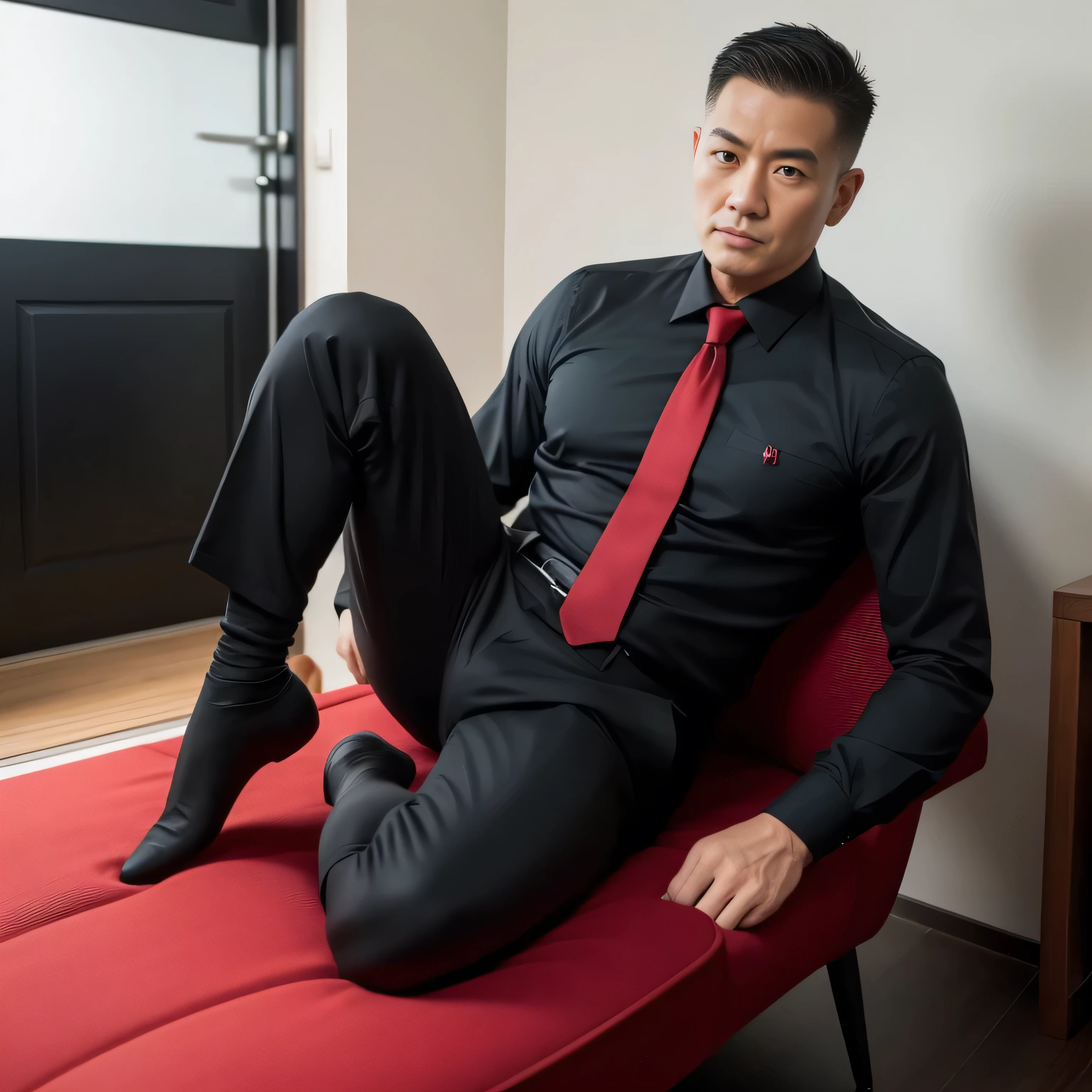 45 yers old,Hidetoshi Nakata,(Guardiola 1.3),Shirtless,Tong,Bulge,office room,black long socks,Thin,musculature,lbeard,fortitude,artwork of a,tmasterpiece,k hd,an look of enjoyment,Be red in the face,lace Thong,Kneeling