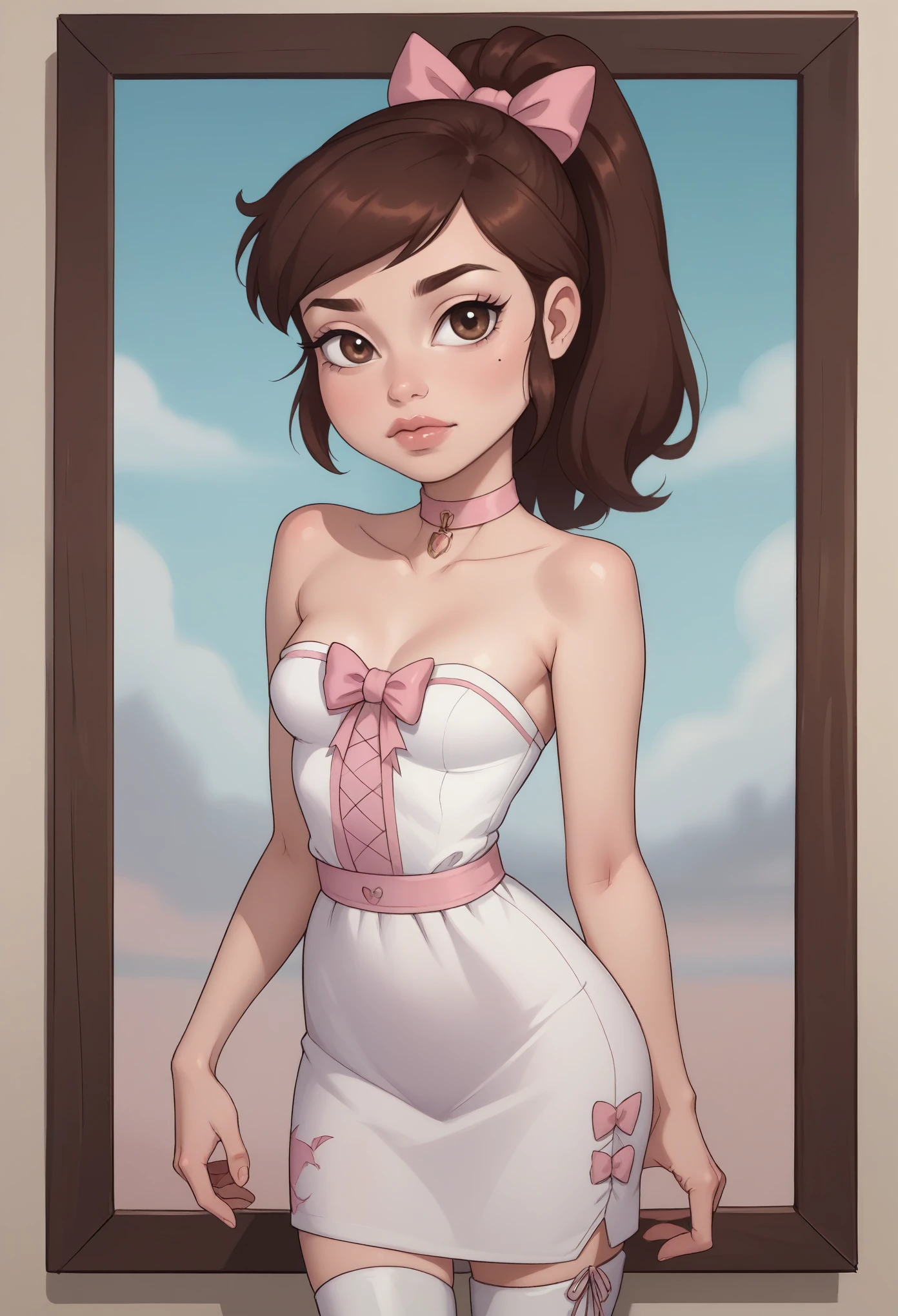 Princess Marco. brown eyes, brown hair, ponytail. small breasts. slim body. choker. bow. princess dress. thigh-high boots. (best quality, photorealistic, 1girl, solo, looking at viewer, , depth of field, (watercolor illustration, soft pastel colors:1.1), realistic,)