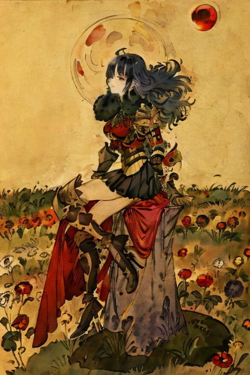 ((Best Quality)), ((masterpiece)), (detailed),Fantasy,knight,Full body shot of a girl sitting with her knees raised, Side view,((Multicolor hair color,Black Long Hair,Red back hair)), Black Flower Armor,mini skirt,Slanted Eyes,Slender,Makeup,Large Breasts, Gauntlet,Detachable sleeves,Long Greaves,Bangs that cover one eye,A field of gerberas,pantyhose,moon,Helmet with feathers,detailedな顔