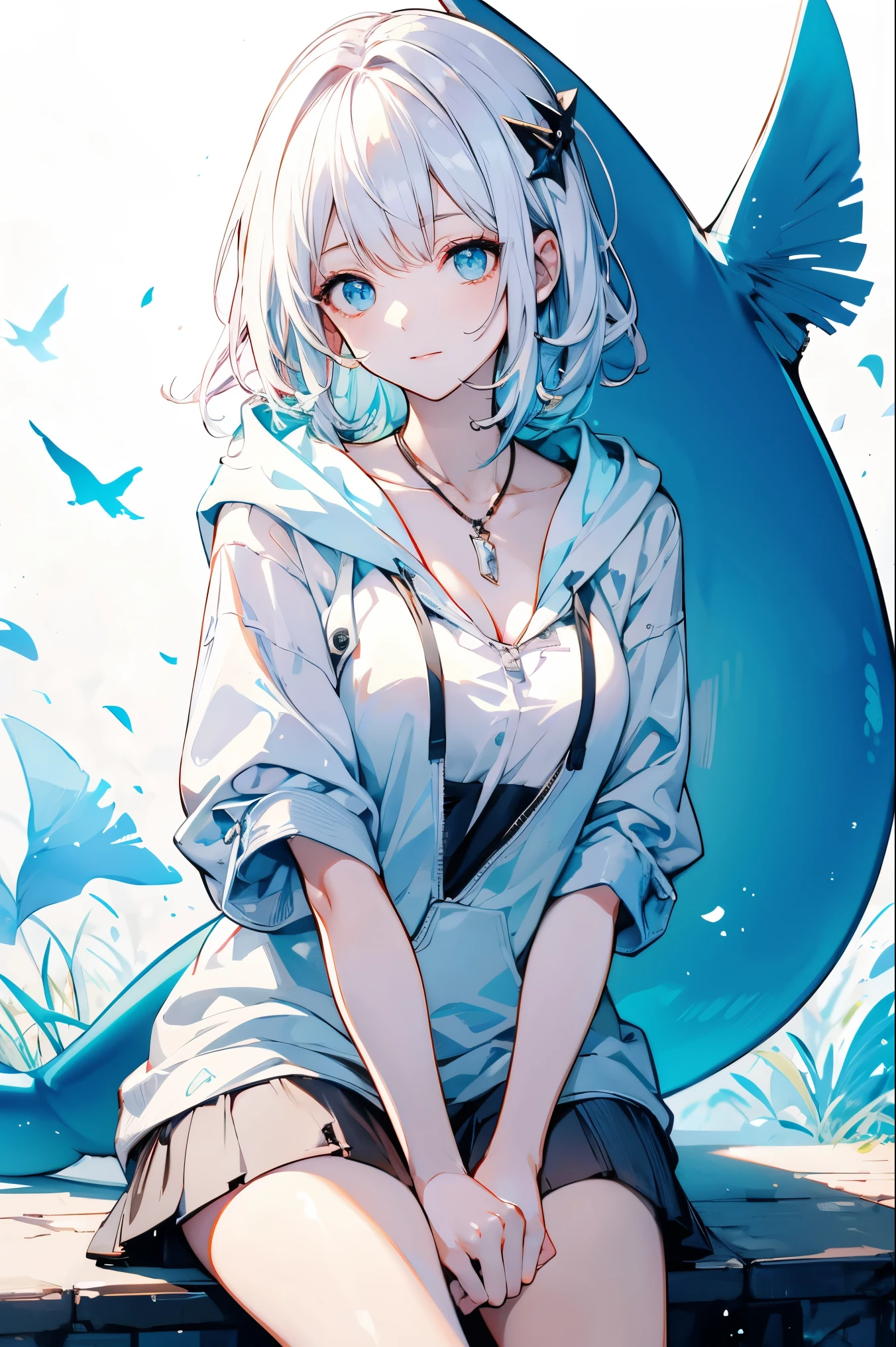 Best quality, clear, beautiful, absurd, a girl with a shark theme, neutral, sitting on the floor, looking at the audience, short hair, curly, white hair, blue eyes, open eyes, wide eyes, pale skin, hoodie, toddler, white background, soft edges, blue tone, low saturation color, light color, blue and white, watercolor feeling, sketching