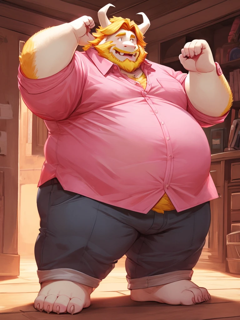 Standing pose,solo，male people，chubbiness，small fat，Bare-chested， solo， Detailed pubic hair， A high resolution，， tmasterpiece，Excessive obesity，Obesity in the extremities，foot in the air，Correct body proportions，overweight，roadhog，proportions，overweight,asgore, collared pink shirt, collared pink shirt, collared pink shirt, collared pink shirt, collared pink shirt, collared pink shirt, collared pink shirt, collared pink shirt, collared pink shirt, collared pink shirt,asgore