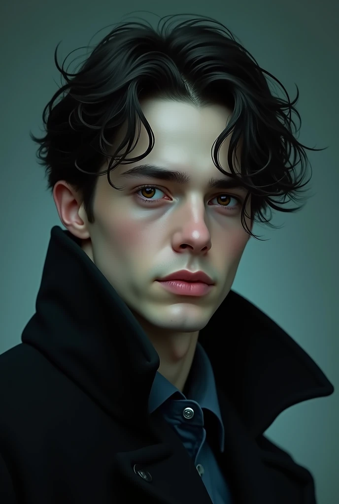 Tom Riddle, image of a handsome young british man in a black suit and black tie, slim and thin, a magician in an all-black suit, pale skin, well-kept black hair, and dark brown eyes. pale skin, handsome, brown eyes, neutral expression. Mysterious feeling. A portrait of a character by mixing realistic and surreal elements. (front focus), portrait, fantasy art, realistic photo. very detailed faces, 4k, award-winning. realistic photo, high detailed, Realistic, high resolution, high texture, masterpiece, best quality, (extremely detailed CG unity 8k wallpaper), (masterpiece), (best quality), hand fingers of human, (polychromatic:1.25), (scenic:1.2), (heterochromatic:1.2), (ultra-detailed), (best illustration), (best shadow), (lightfast), (fantasy), (dynamic angle), (dynamic pose), eyelashes, (highly detailed face:1.3), (highly detailed light:1.3), (gradient colored background). (remove light particle) (Brown eyes) (male) (British) (white caucasian) (Delicate facial features)