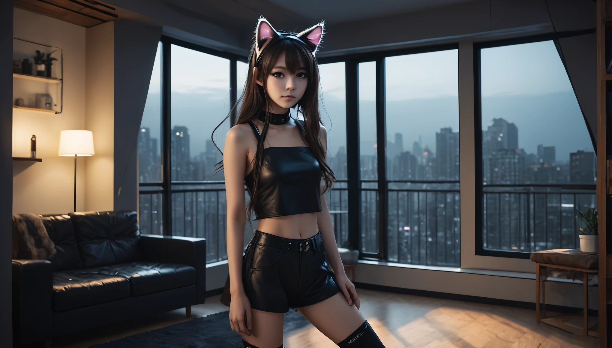 Light brown hair with neon pink tips and shades, Royal blue eyes, Small breasts, A black  shirt with a neon pink ribbon and a white necklace with a royal blue orb, Black jacket with white hood and pockets, The black skirt reaches down to the knees、The edge of the skirt is white、There is a white line going up。, The cat socks stretching over the knees are eye-catching., Fluorescent red on the inside of the ears and mouth、The rest is black, lastly、Neon yellow lines and black boots on both sides of the boot, anime,Front view