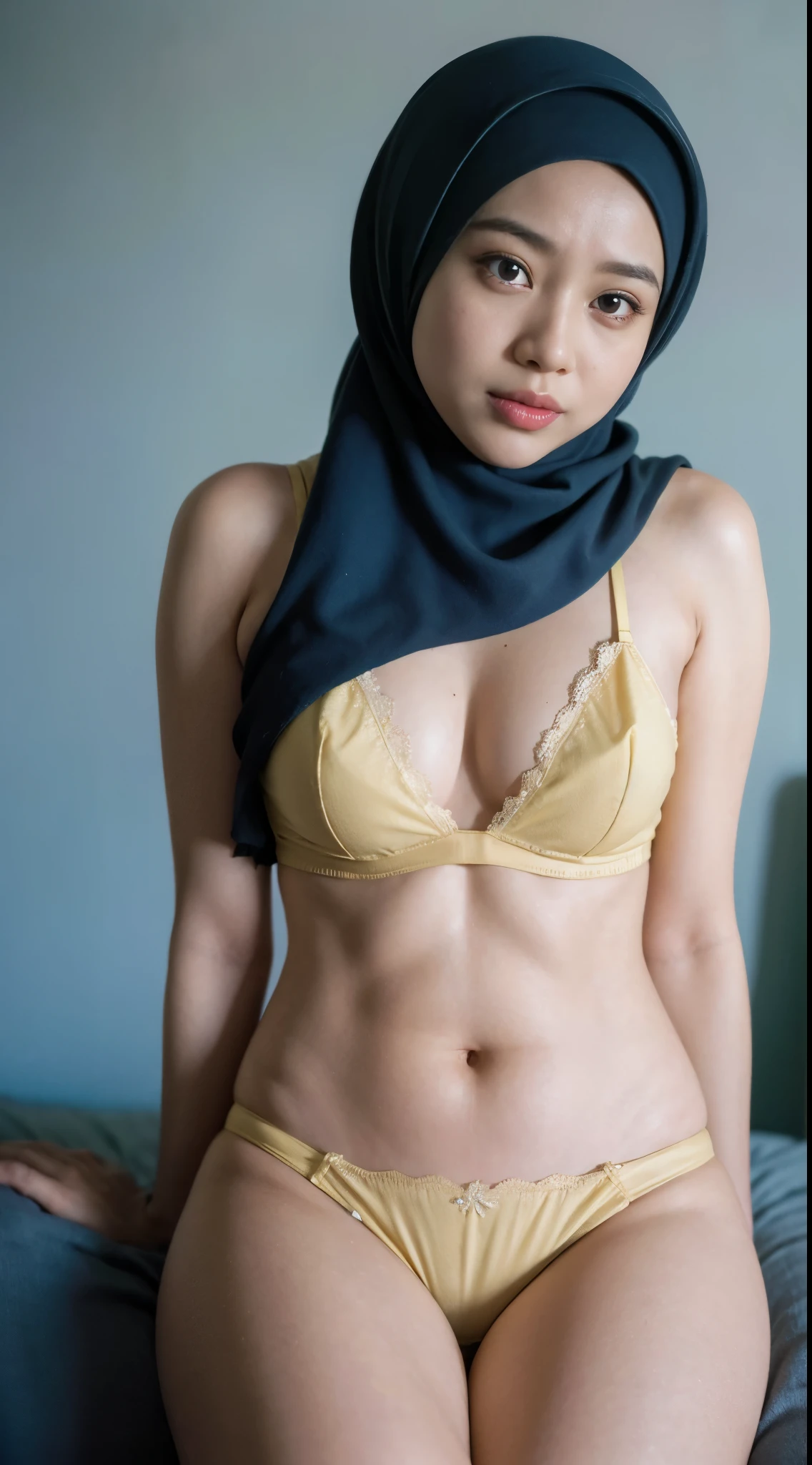 Lie down, (((SPERM SPLASH))),  (((MALAY HIJAB GIRL))), (realistic, photo-realistic:1.4), (1girl),a FLAT CHEST, FLAT CHEST, wearing light red lace bra and panties, hand on hips, ((HEAVY NIPPLES)), (( TRANSPARENT )), (( SADNESS )), (((TEARS))), (((YELLOW LIPS))), (((Fluorescent YELLOW BRA))), (((FLAT CHEST))), (((FLAT CHEST))).