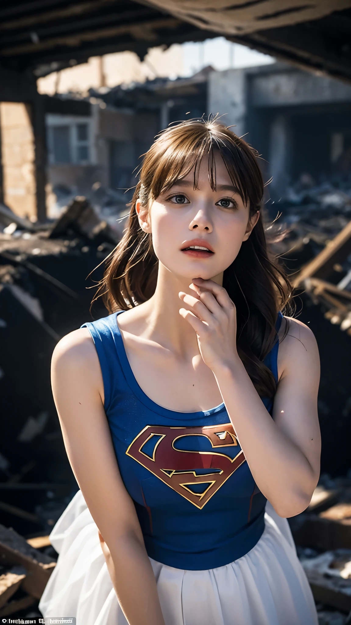 Supergirl, Beautiful Supergirl, 29 years old, Height : 152 CM, Trapped in the rubble of a building burning with hot fire, midday, supergirl tanktop costume, hair tied, hair bangs, Supergirl was sweating profusely, Supergirl had wet sweat on her chest, Supergirl had wet sweat on her head, Supergirl is shocked, Supergirl looks up, Supergirl looks scared, Supergirl screamed in pain, supergirl defeated, supergirl tanktop costume is torn, Supergirl protects many people, Supergirl fights against a giant, Supergirl is seriously injured, Supergirl falls into the rubble of a building, Supergirl was lying in the rubble of the building, sweating wet, Supergirl cried
