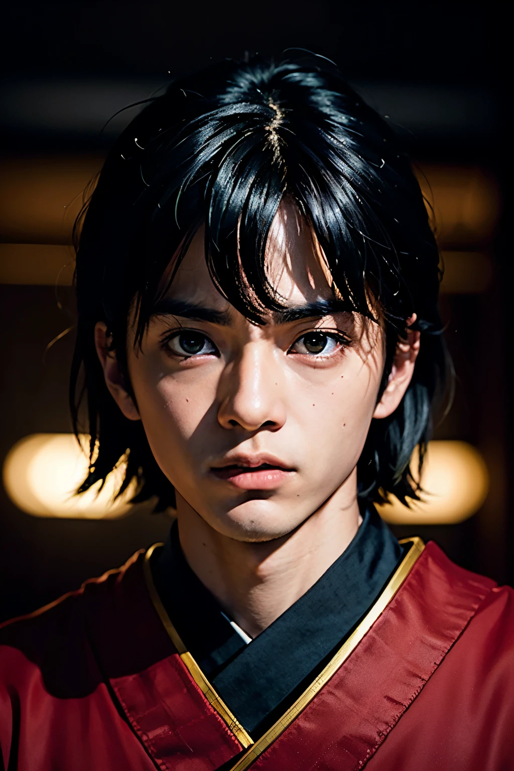 A  boy portrait, inosuke, demon slayer in a dark fantasy world, 1989 live-action film, dramatic lighting, cinematic composition, muted color palette, masterpiece, best quality, 8k, high resolution, photorealistic, hyper detailed