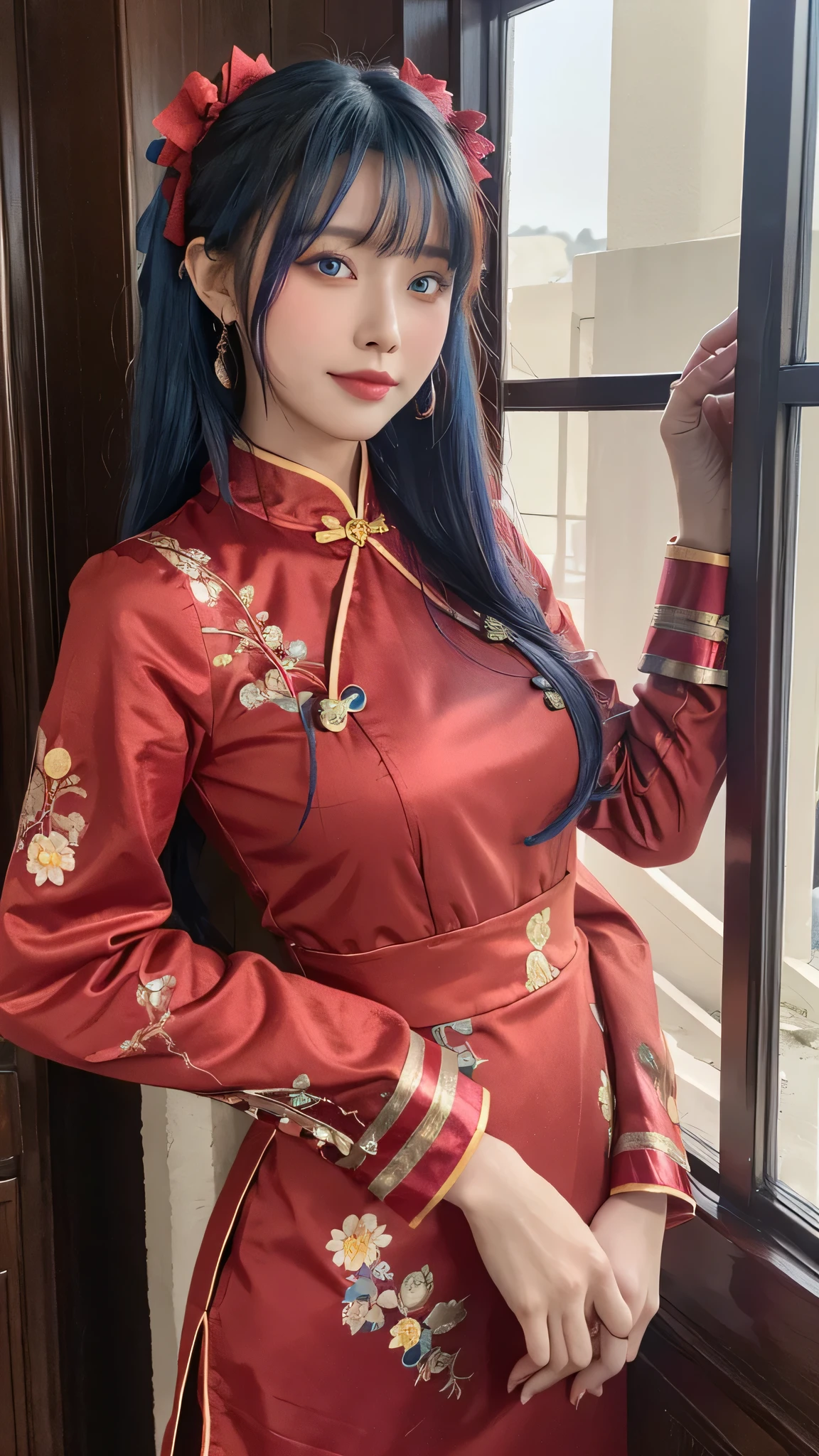 １People Girls,8K, RAW Photos, Highest quality, masterpiece,Realistic, photo-Realistic,Chinese-style interior,indoor,whole body,close,Red hair,short hair,Eyes gray,Red Chinese clothing,cute