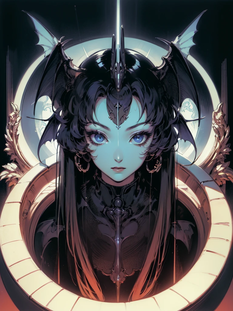 (best lighting) (best quality, masterpiece:1.2), (absurdres), 4k, illustration by hajime sorayama, perfect body, hyperfeminine curves, (detailed eyes), (detailed face), woman, very long black hair, blue eyes, curvy, high fashion, ((bat wings)), solo, large blue moon in background, cinematic, soft lighting, centred, dynamic pose