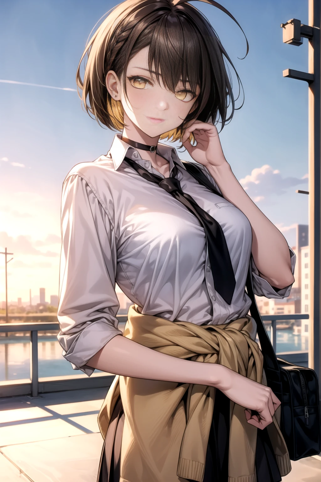 baltimore, baltimore, brown hair, (yellow eyes:1.5), braid, ahoge, short hair, french braid, hair between eyes, bob cut,
BREAK beige cardigan, beige sweater, black choker, black necktie, black skirt, cardigan, cardigan around waist, choker, clothes around waist, collared shirt, loose necktie, necktie, official alternate costume, school bag, shirt, shirt tucked in, short sleeves, skirt, sweater, sweater around waist, tied sweater,  white shirt,
BREAK looking at viewer,
BREAK outdoors,
BREAK (masterpiece:1.2), best quality, high resolution, unity 8k wallpaper, (illustration:0.8), (beautiful detailed eyes:1.6), extremely detailed face, perfect lighting, extremely detailed CG, (perfect hands, perfect anatomy),