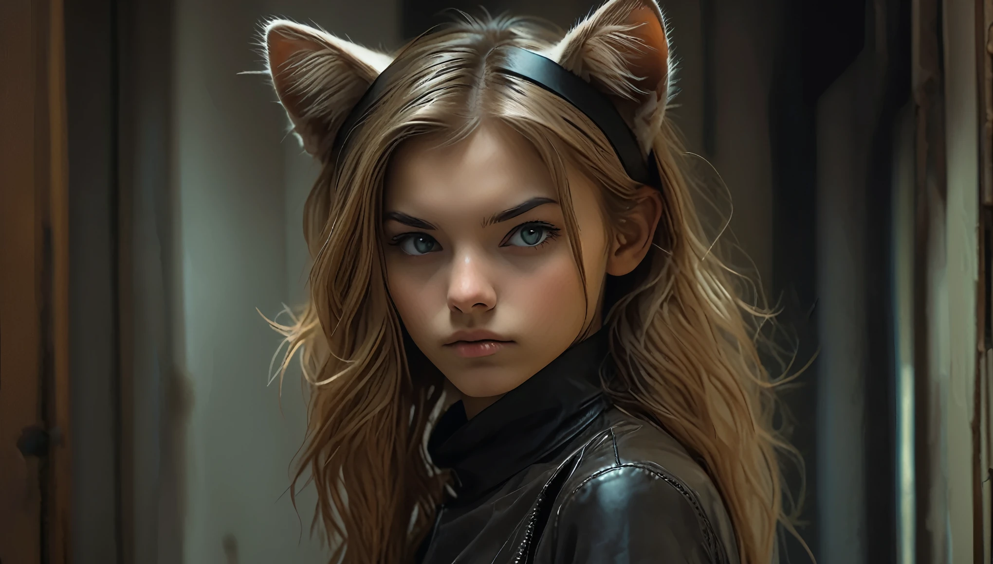 ((((barely girl, with cat ears and choker, in leather crop shirt)))), ((small perky breasts, beautiful detailed eyes, beautiful detailed lips, small closed mouth, extremely detailed face, pale skin, random long hairstyle, small hips, in a cozy apartment, fear on the face)), moody atmosphere, dramatic and random colors, futuristic setting, intricate details, night, backlight, full body shot, view from a distance, random pose