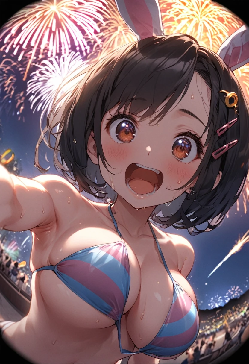 One Girl、(bunny girl)、Striped bikini、One Curl Bob Cut, Highest quality、Black Hair、Sweaty body、Big Breasts、Surprised、hairpin、View from below、expose one's cleavage、(Show your forehead)、(Fisheye lens effect:1.3)、(Girls pop out of the screen:1.5)、(fireworks display)、(meteor shower)、(pass through the screen:1.3)