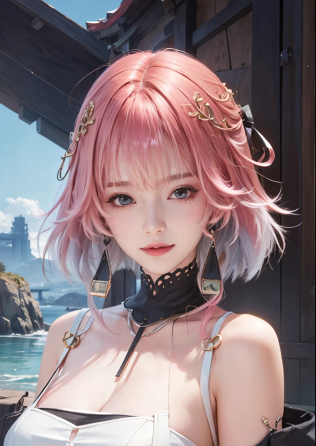 Realistic, changli from Wuthering Waves, ultra detail, masterpiece, high quality, perfect detail, high detail, pink hair, smile