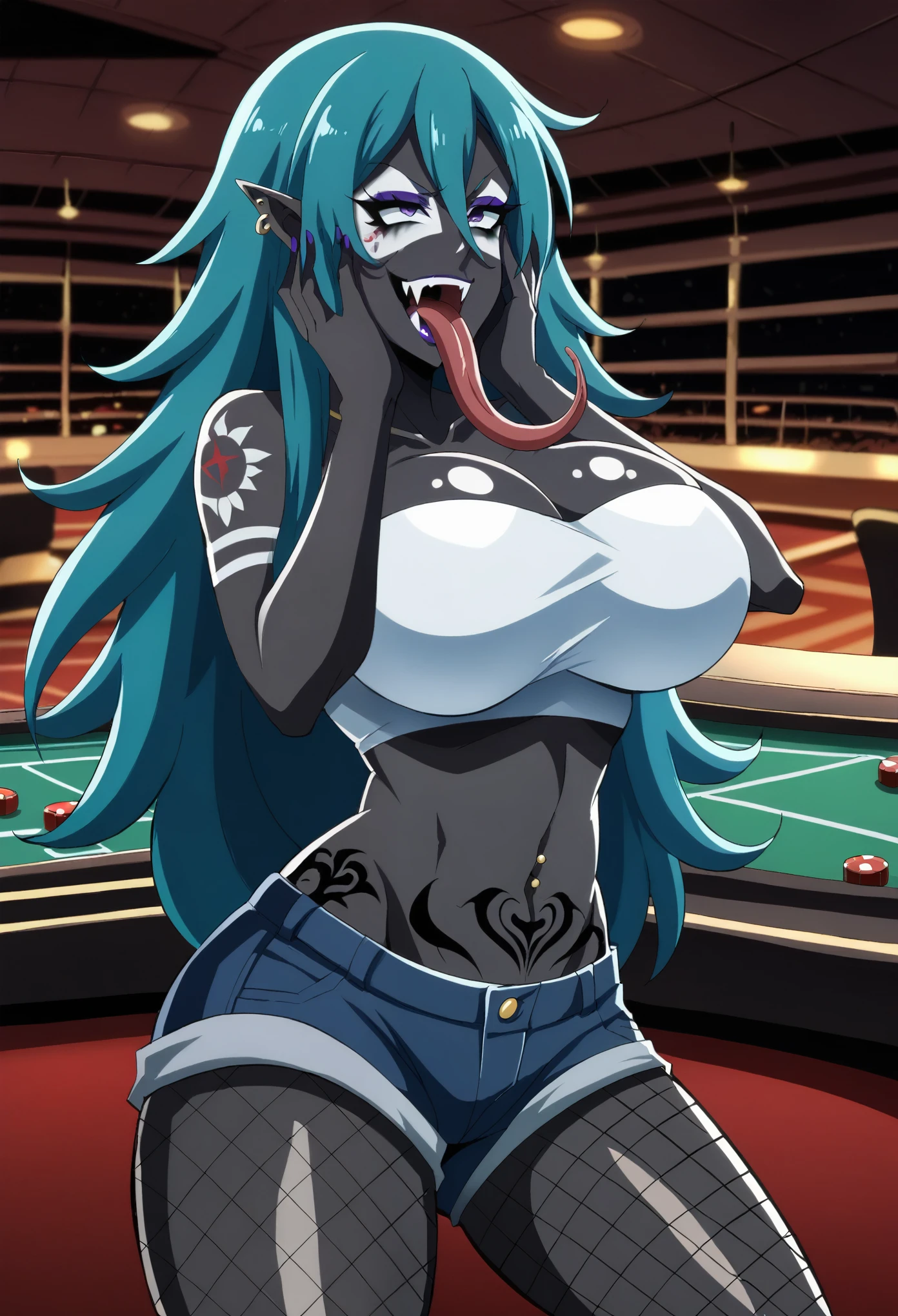 score_9, score_8_up, score_7_up, 1girl, milf, Yamanba, (colored skin, jet-black skin:1.8), sylvia, (huge breasts:1.6), ((aqua hair, very long hair, messy hair, hair between eyes, purple eyes, pointy ears)), purple lips, ((makeup, eyeshadow, (white facepaint makeup), facial mark, piercings, tattoos, white tube top, midriff, shorts, fishnet pantyhose)), (naughty face, open mouth, fangs, long tongue out), (hands on own face, casino))