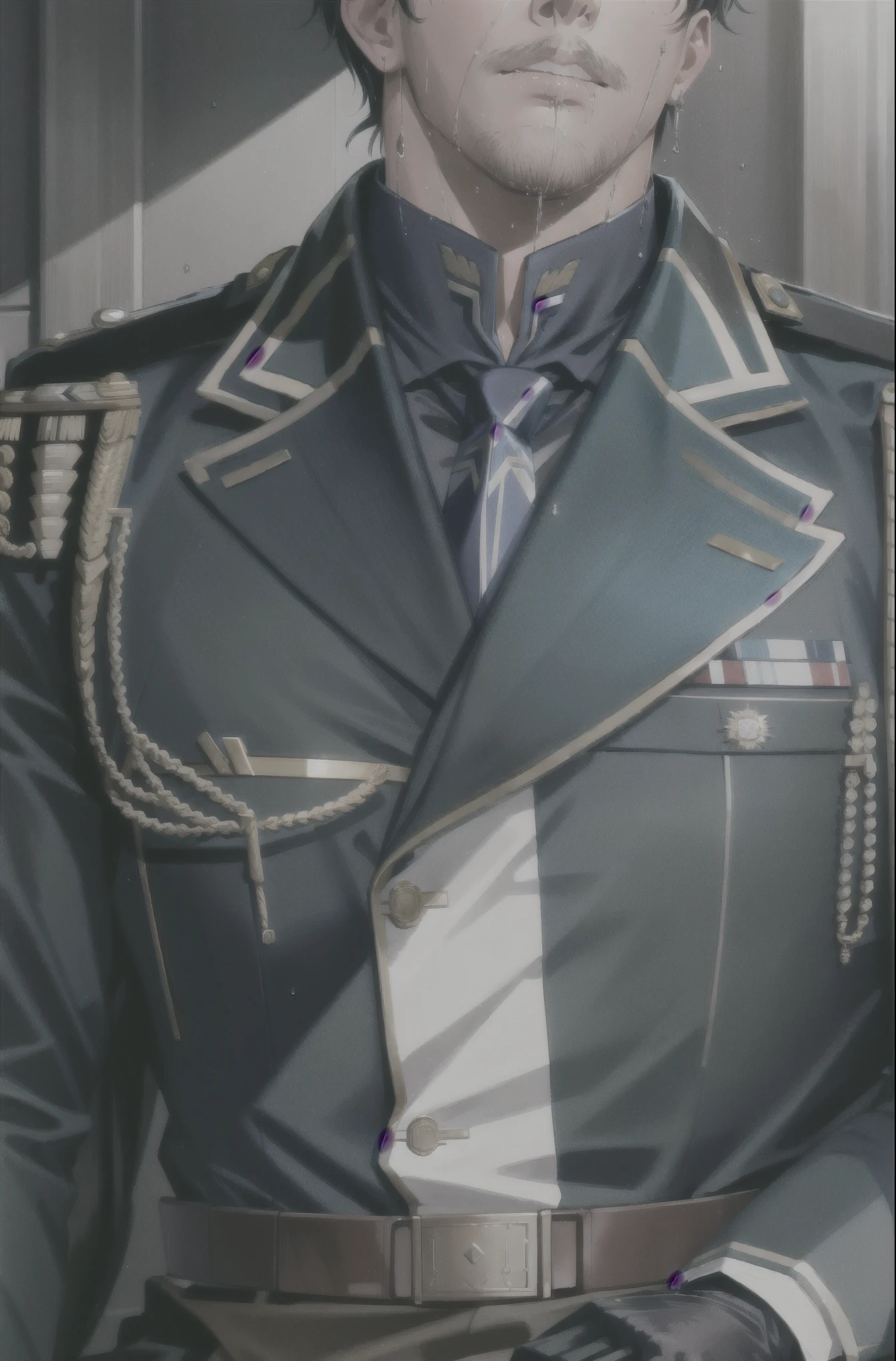Hector Fay, Ultra high quality cg, Solitary, Looking at the audience, Open your mouth, Sweating, Wet, Drooling, Gloves, 1 man, Upper body, Male focus, tie,shirt, military uniform