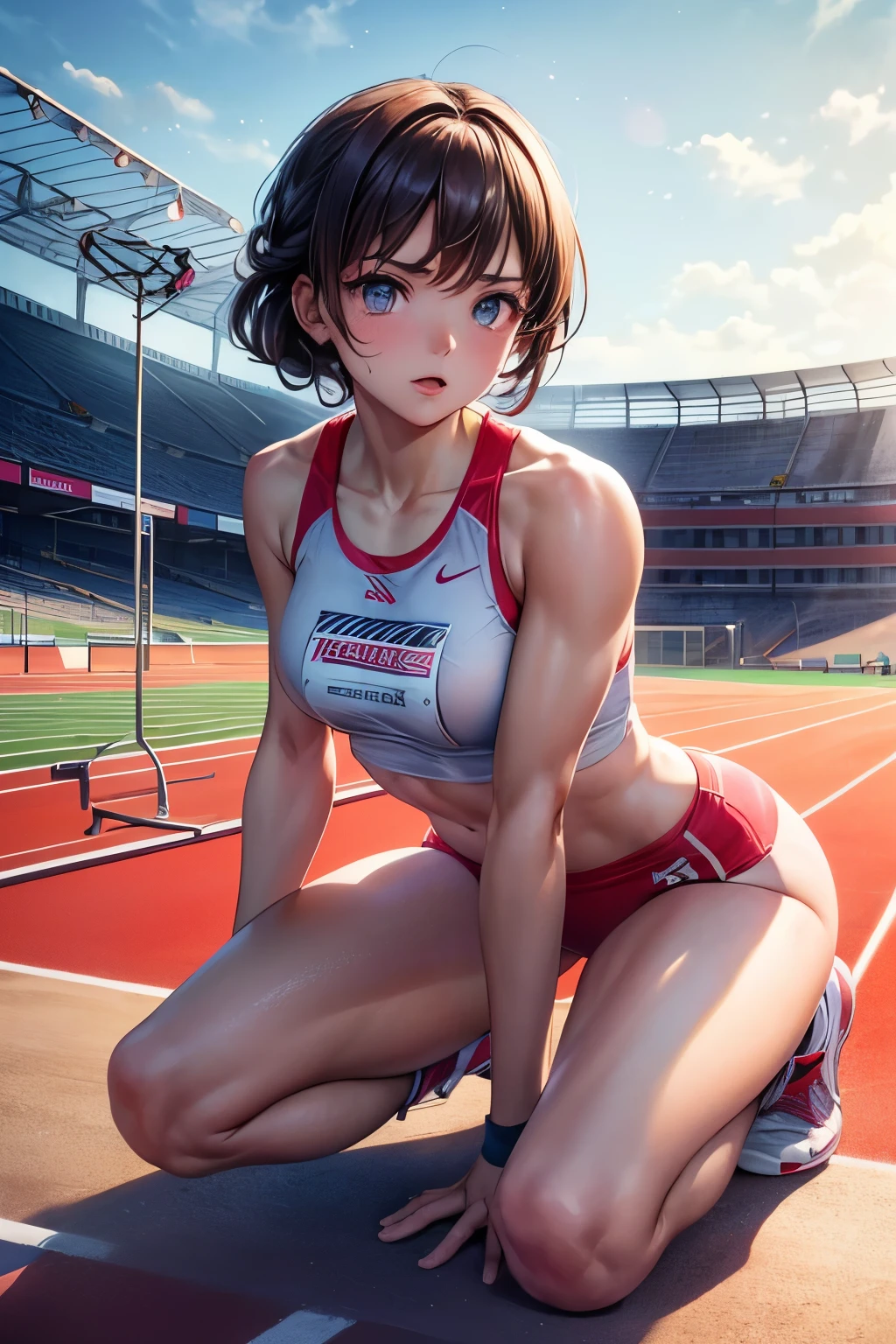 Photo of a 20 year old woman, Perfect Face, masterpiece, good, Sports bra,Racing Bloomers、good,  Dynamic Perspective、Run at full speed、Sweat flying、Serious face、Run towards the viewer、Track and Field、Nipple swelling、Pussy Cameltoe