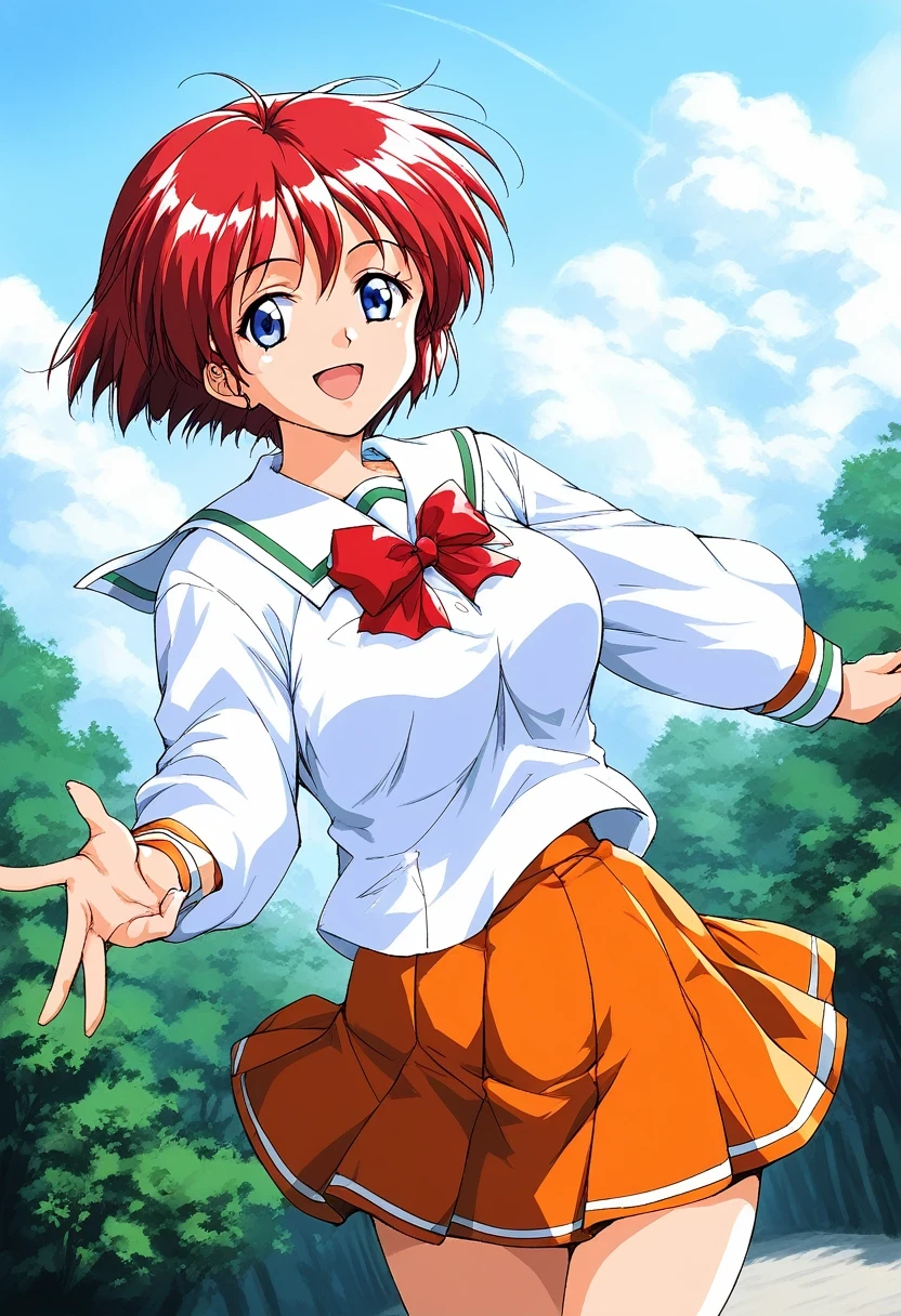 score_9, score_8_up, score_7_up, source_anime, rating_explicit, BREAK  Hinomoto_Hikari, red hair, short hair, blue eyes, breasts, bangs
 solo, 1990s (style),  skirt,  day, green school uniform, 
outdoors, orange skirt, smile, bow, open mouth, sky, 
smile,
looking at viewer, 
cowboy_Shot,