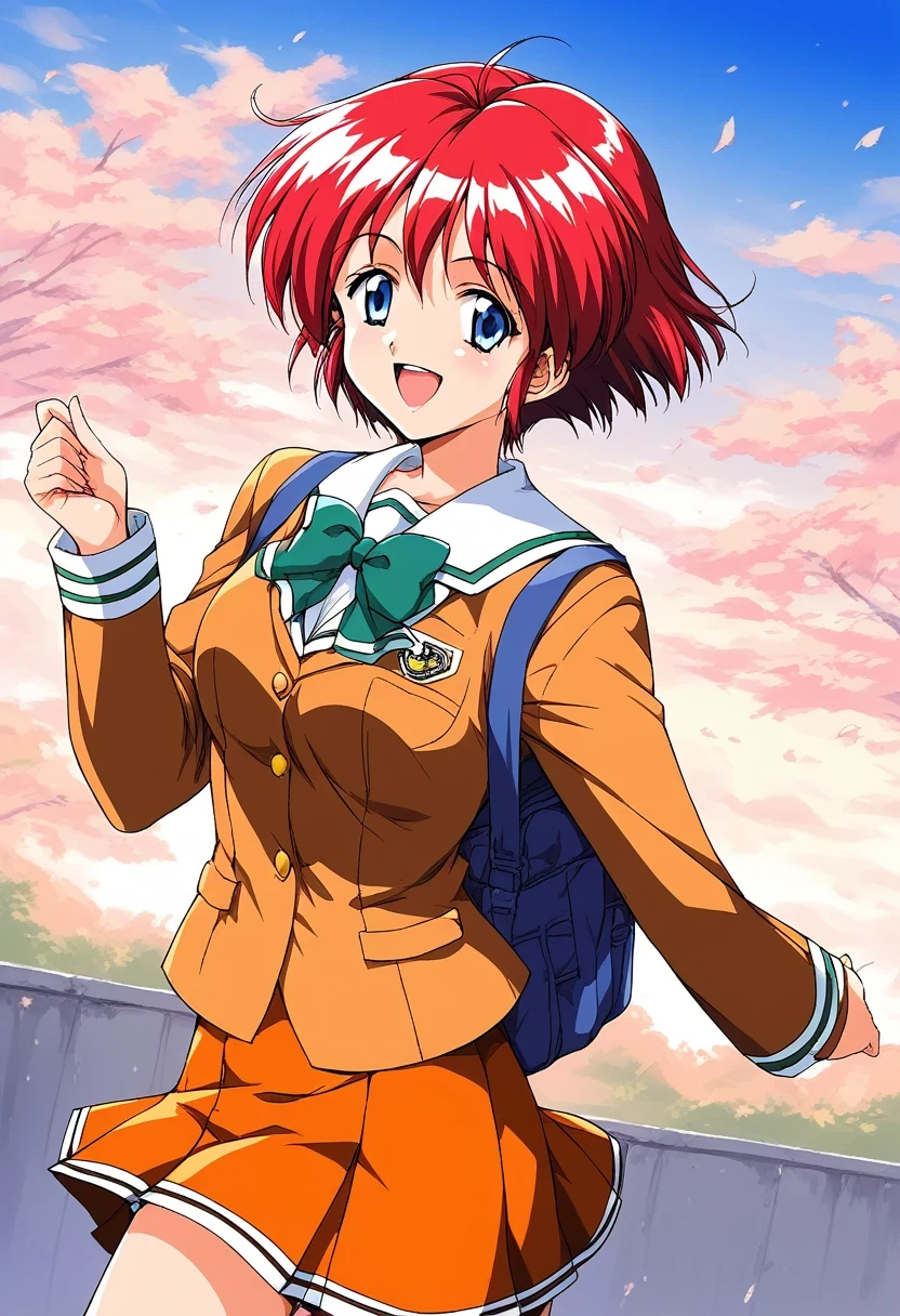 score_9, score_8_up, score_7_up, source_anime, rating_explicit, BREAK  Hinomoto_Hikari, red hair, short hair, blue eyes, breasts, bangs
 solo, 1990s (style),  skirt,  day, school uniform, green long sleeve,
outdoors, orange skirt, smile, bow, open mouth, sky, 
smile,
looking at viewer, 
cowboy_Shot,