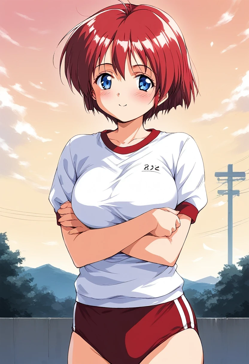 score_9, score_8_up, score_7_up, source_anime, rating_explicit, BREAK  Hinomoto_Hikari, solo, red hair, short hair, blue eyes, breasts, bangs
gym uniform,white shirt, red buruma, v arms, 
blush,looking at viewer, 
outdoor, day, sky,
cowboy_Shot,