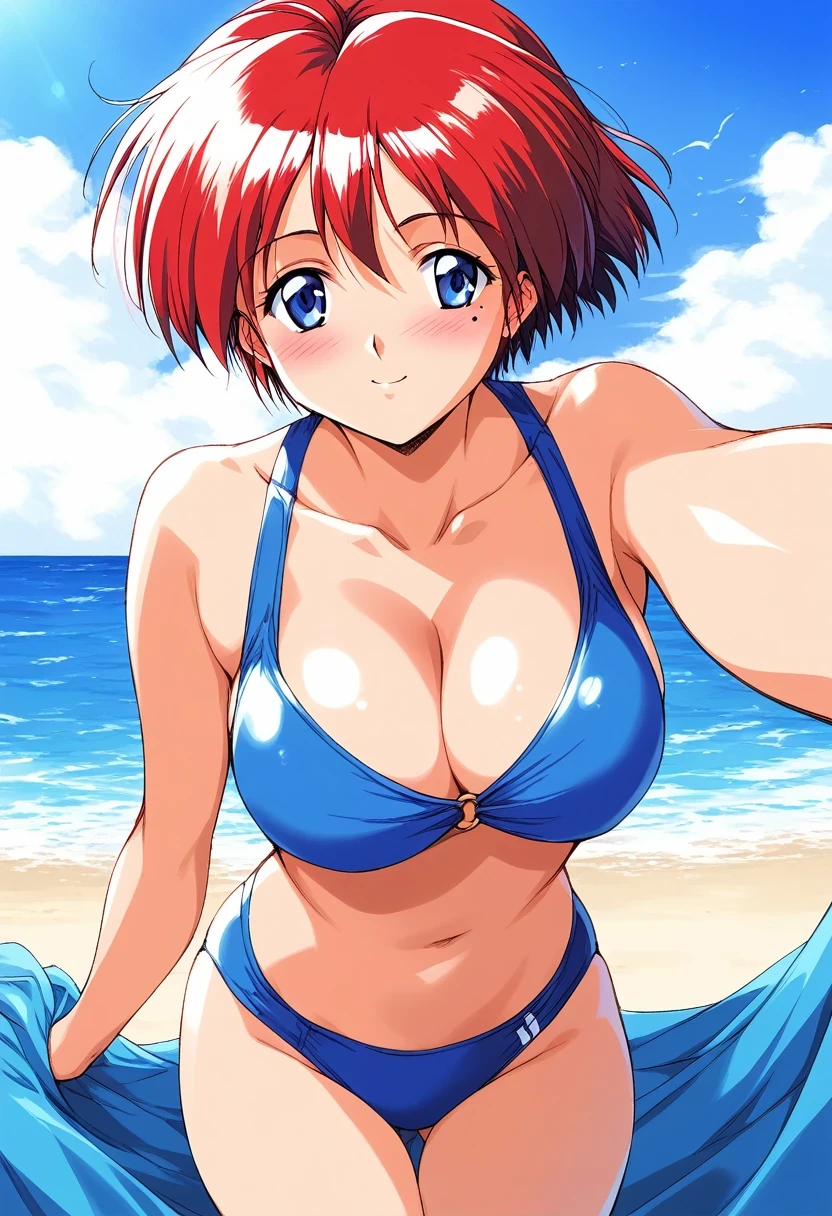 score_9, score_8_up, score_7_up, source_anime, rating_explicit, BREAK  Hinomoto_Hikari, solo, red hair, short hair, blue eyes, breasts, bangs, ã1990s \(style\), 
mole under eyeã
blush,   swimsuit, summer, beach, sea, cowboy shot,  cleavage,
looking at viewer, 
outdoor, day, sky,
cowboy_Shot,