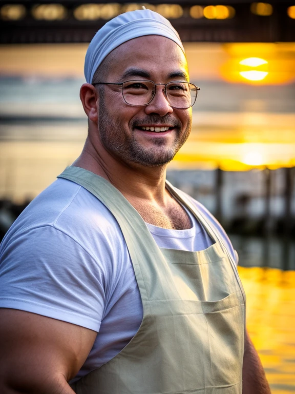 An award-winning original photo, A musclebear man, Japanese man, ((fisherman)), (30 years old daddy: 1.1), 1 man, Solo, white headband, (brown apron),  musculature, strong physique, bald, hairy arms, chubby and stout, stubbles (Detailed body), realistic eyes, (glasses), smiling, looking at viewer, lighting (Best quality, high resolution, Photorealistic), Cinematic lighting, Masterpiece, RAW photo, Intricate details, hdr, depth of field, upper body and face shot (realistic: 1.4), (from the front), pier in the background, daylight