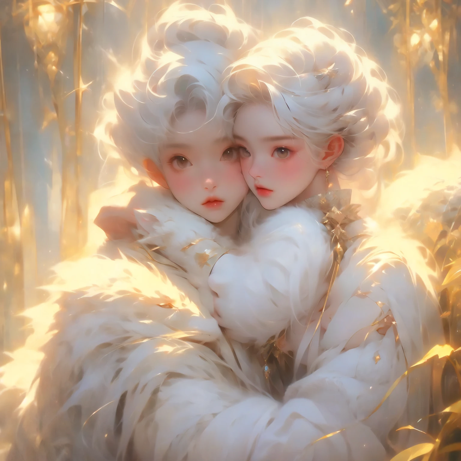 Japanese girl with white skin short white hair with horns on her head with a serious face hugging a big white tiger by the neck