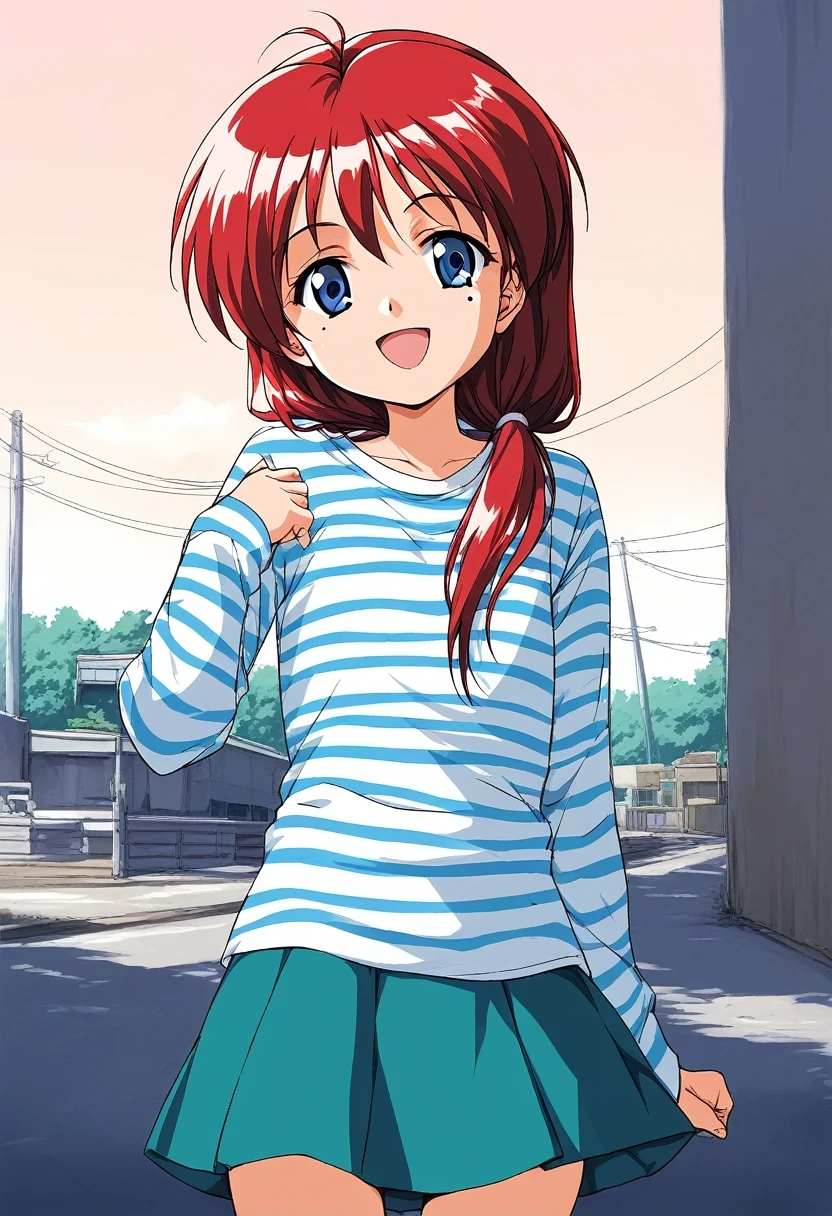 score_9, score_8_up, score_7_up, source_anime, rating_explicit, BREAK  Hinomoto_Hikari, solo, red hair, long hair, blue eyes,  bangs, ã1990s \(style\), short stack, flat chest,
mole under eyeã
1girl, solo, long hair,  striped, long sleeves,  open mouth,  striped shirt, 
shirt, smile, skirt, standing,
looking at viewer, 
outdoor, day, sky,
cowboy_Shot,