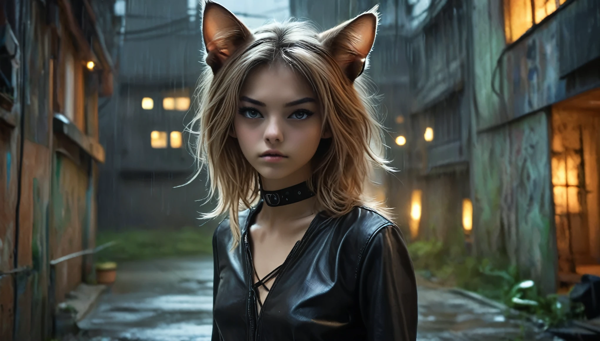 ((((barely  girl, with cat ears and choker, in leather crop shirt with revealing and plunging cleavage)))), ((small perky breasts, beautiful detailed eyes, beautiful detailed lips, small closed mouth, extremely detailed face, pale skin, random long hairstyle, small hips, in a cozy apartment, fear on the face)), moody atmosphere, dramatic and random colors, futuristic setting, intricate details, night, backlight, full body shot, view from a distance, random pose