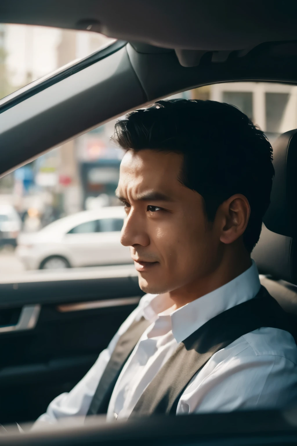 Asian male driver grimacing due to glare