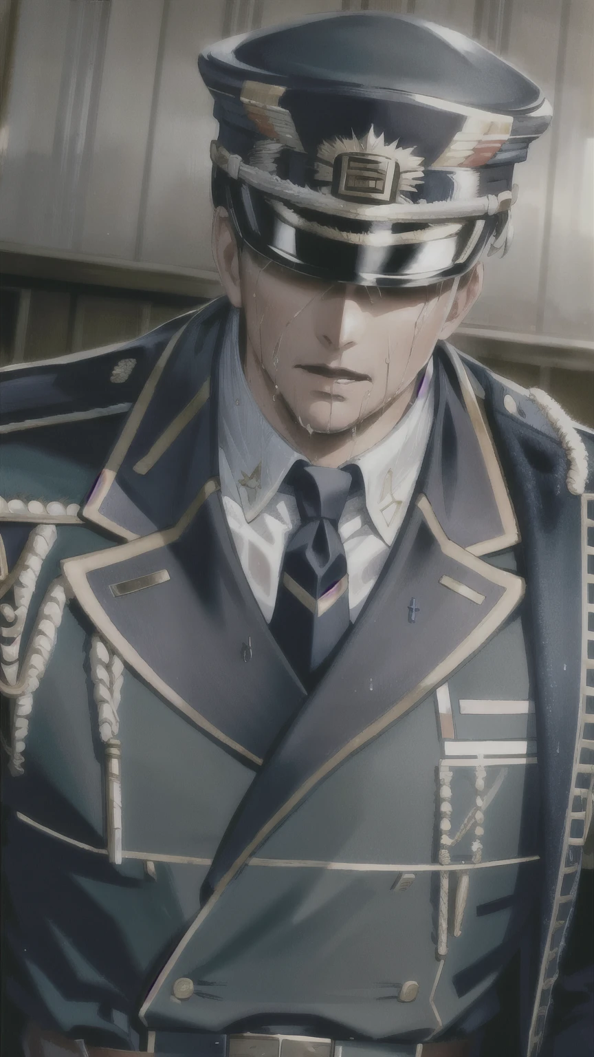 Hector Fay, Ultra high quality cg, Solitary, Looking at the audience, Open your mouth, Sweating, Wet, Drooling, Gloves, 1 man, Upper body, Male focus, tie，shirt， military uniform