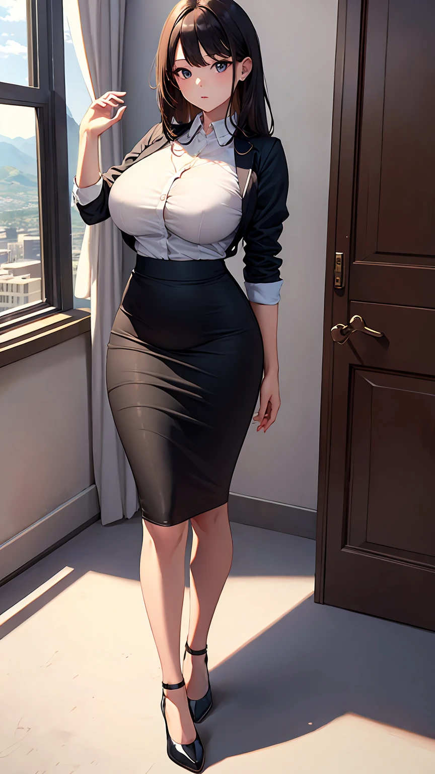 A curvaceous, cute and skinny super large biggest thick ass realist secretary , dressed in a tight-fitting skirt that hugs her voluptuous large and thick hips and round huge thick ass behind. perky breasts, which are just barely contained within the constraints of her buttoned-up attire. pantyhose, big and thick and ass, large and thick hips