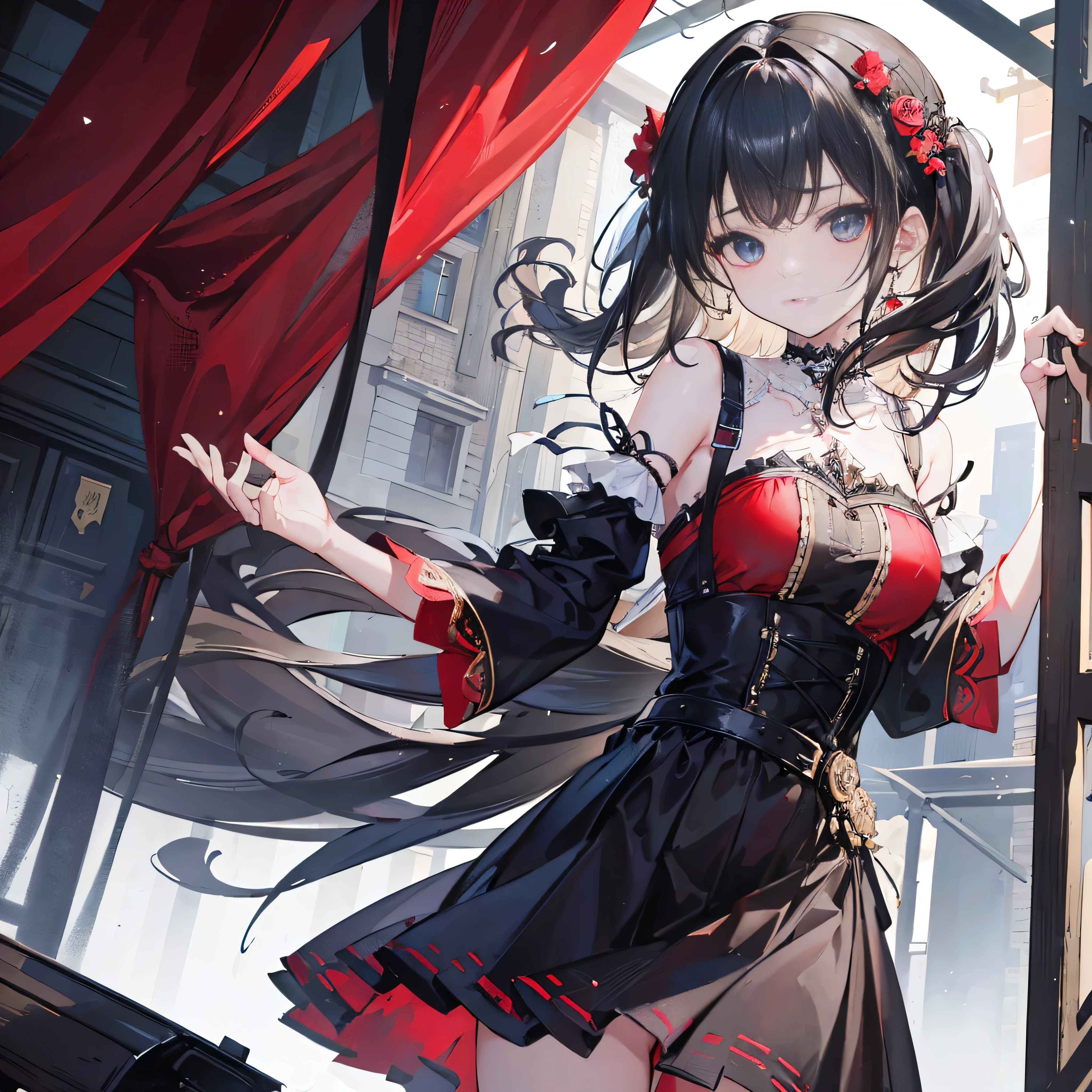 ((highest quality)),(Ultra-high resolution),(Very detailed),(Detailed Description),((The best CG)),(masterpiece),Highly detailed art,Amazing drawing art,(Art with exquisite detail:1.5), (Cat Ear Maid:1.7),(Red belt choker with bell:1.6),(Mini flare skirt:1.3)