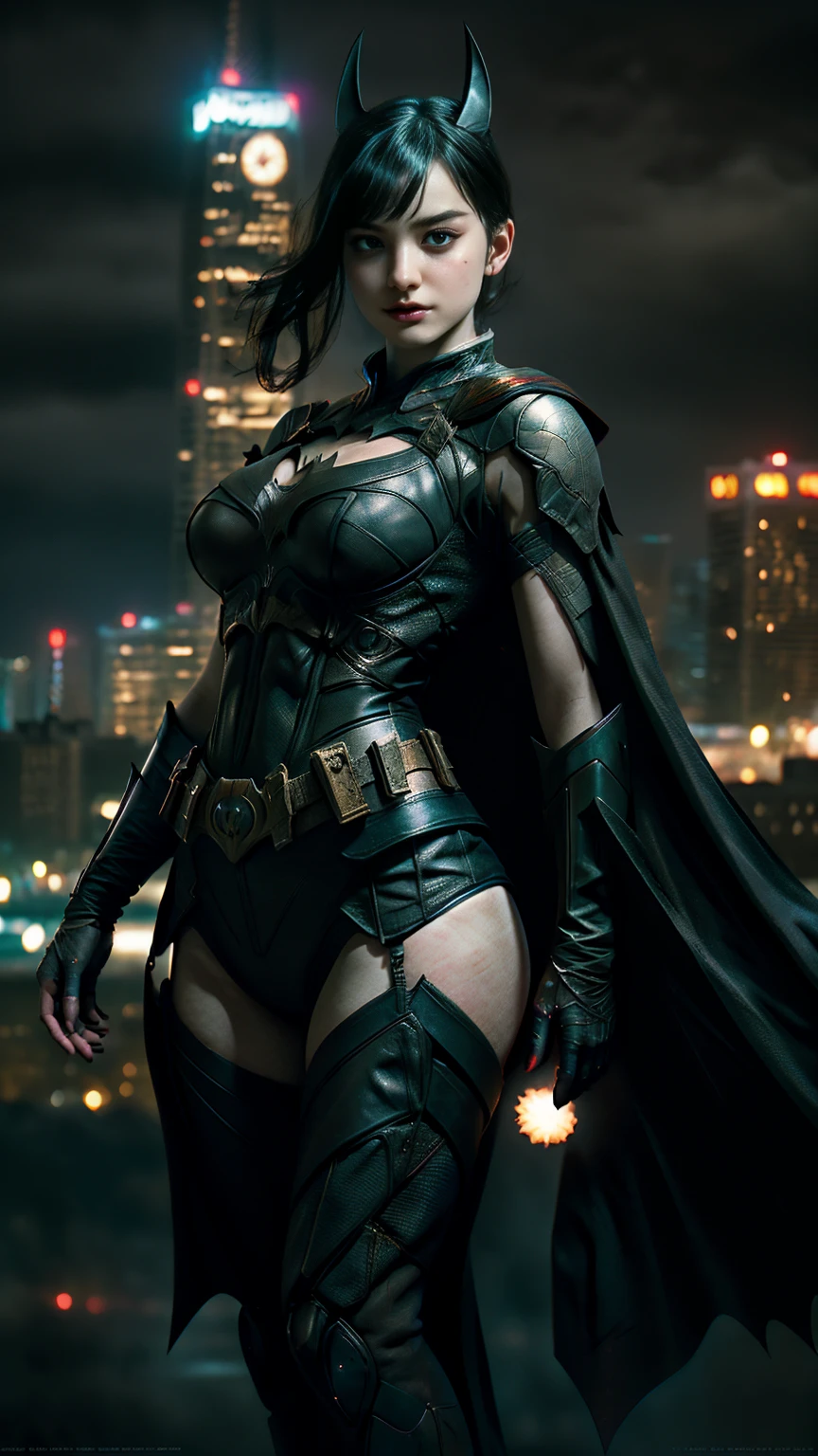 ((masterpiece, Highest quality, High resolution, Realistic, to be born, 8k wallpaper:1.5))((,A delicate and beautiful face hidden behind a Batman mask:1:1.2))、Standing in a bikini,Maika Monroe Batgirl, (Stand in Honor,Head to knee shot),Pose menacingly towards the camera, Very hot and sexy, Great beauty, Perfect balance, Beautiful body, Tiny waist and big ass,((Large and beautiful body: 1.4)), Batman standing on a rooftop overlooking the city skyline at night, Gotham city background, nighttime in Gotham city, Gotham city, From the movie Batman, Gotham city double exposure, Gotham city style, Batman film still, metropolis filmic Gotham city, Cyberpunk Batman, Batman movie stills, Batman movie still cinematic, Gotham setting, Batman, Gotham,