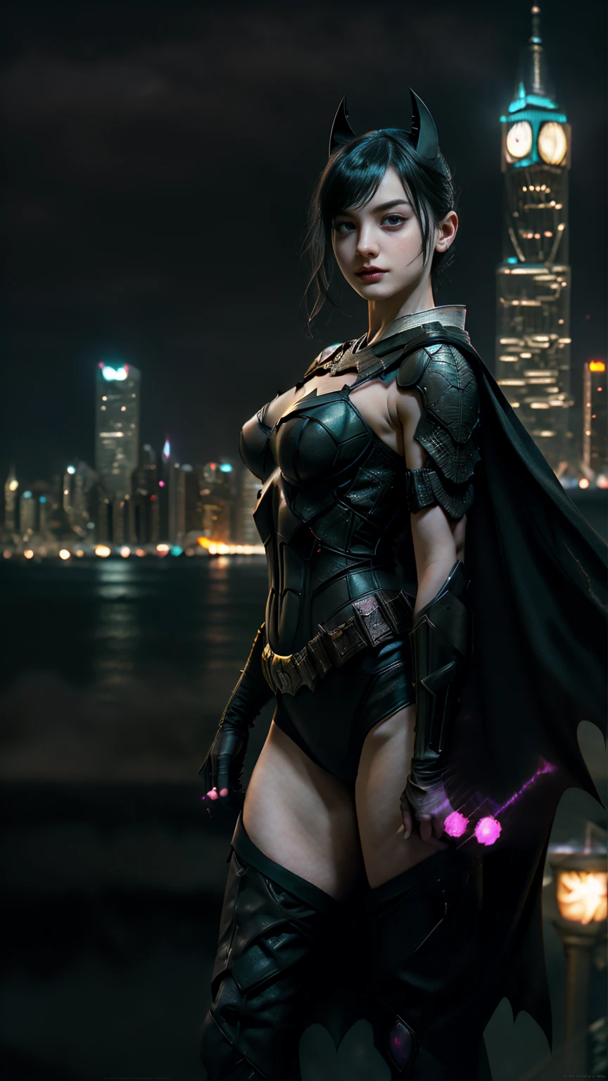 ((masterpiece, highest quality, High resolution, Realistic, to be born, 8k wallpaper)),Standing in a bikini, (Standing in Honor　shot）,Facing the camera in a threatening pose, Very hot and sexy, Amazing beauty, Perfect balance, Beautiful body, Slim body beauty: 1.4), Batman standing on a rooftop overlooking the city skyline at night, Gotham city background, nighttime in Gotham city, Gotham city, From the movie Batman, Gotham city double exposure, Gotham city style, Batman film still, metropolis filmic Gotham city, Cyberpunk Batman, Batman movie stills, Batman movie still cinematic, Gotham setting, Batman, Gotham,