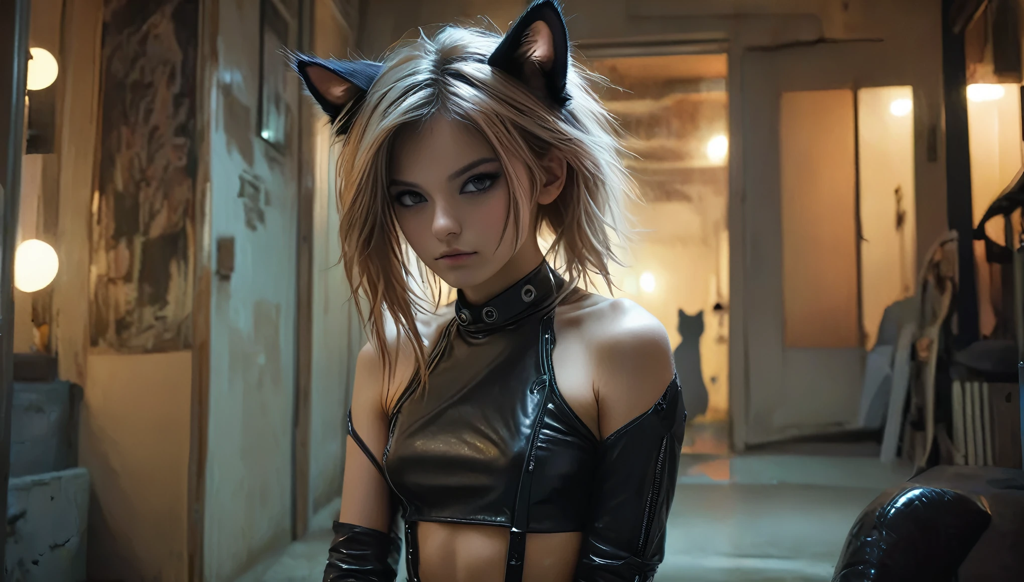 ((((barely legal girl, with cat ears and choker, in leather crop top with revealing and plunging cleavage)))), ((small perky breasts, beautiful detailed eyes, beautiful detailed lips, small closed mouth, extremely detailed face, pale skin, random long hairstyle, small hips, in a cozy apartment, fear on the face)), moody atmosphere, dramatic and random colors, futuristic setting, intricate details, night, backlight, full body shot, view from a distance, random pose