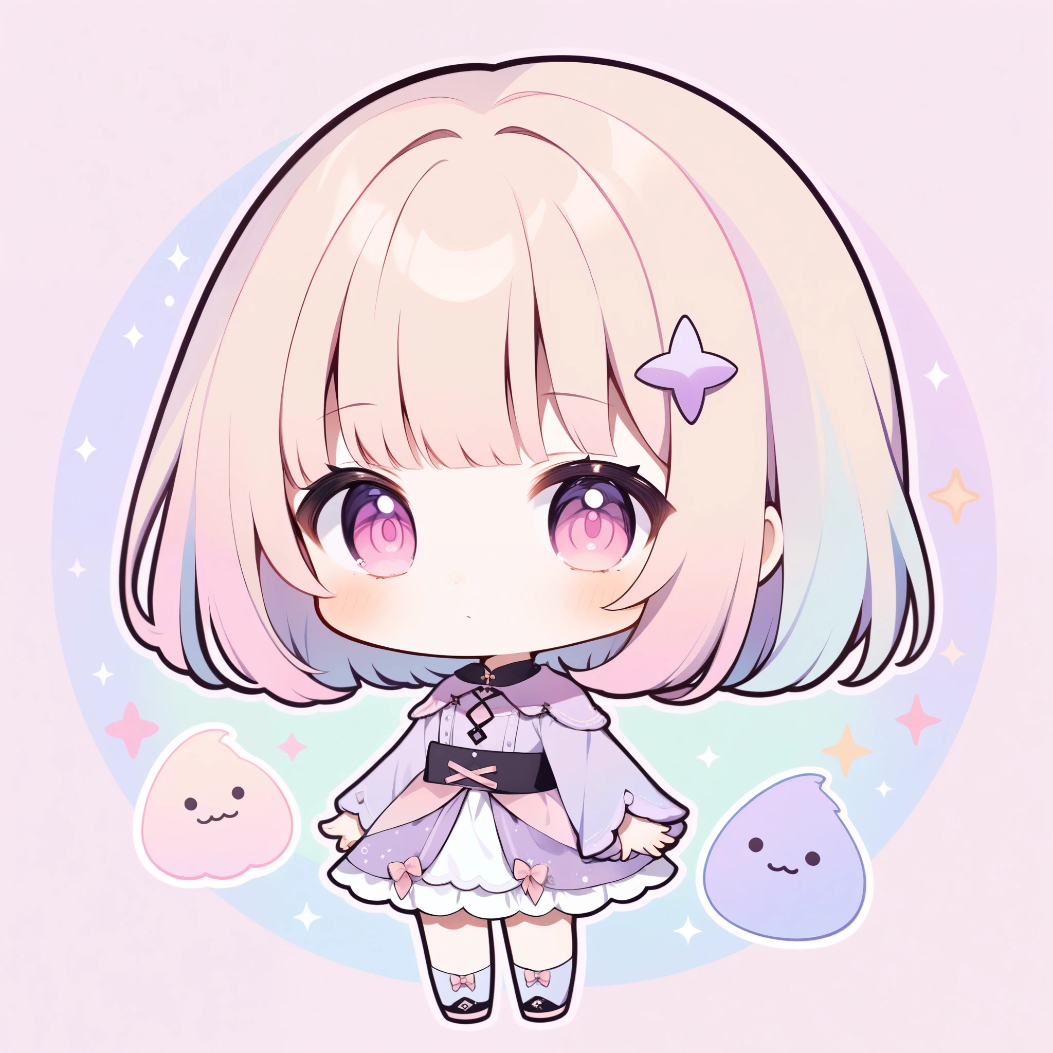 pastel colors, chibi, witch, 1girl, pink eyes, light brown bob cut hair,