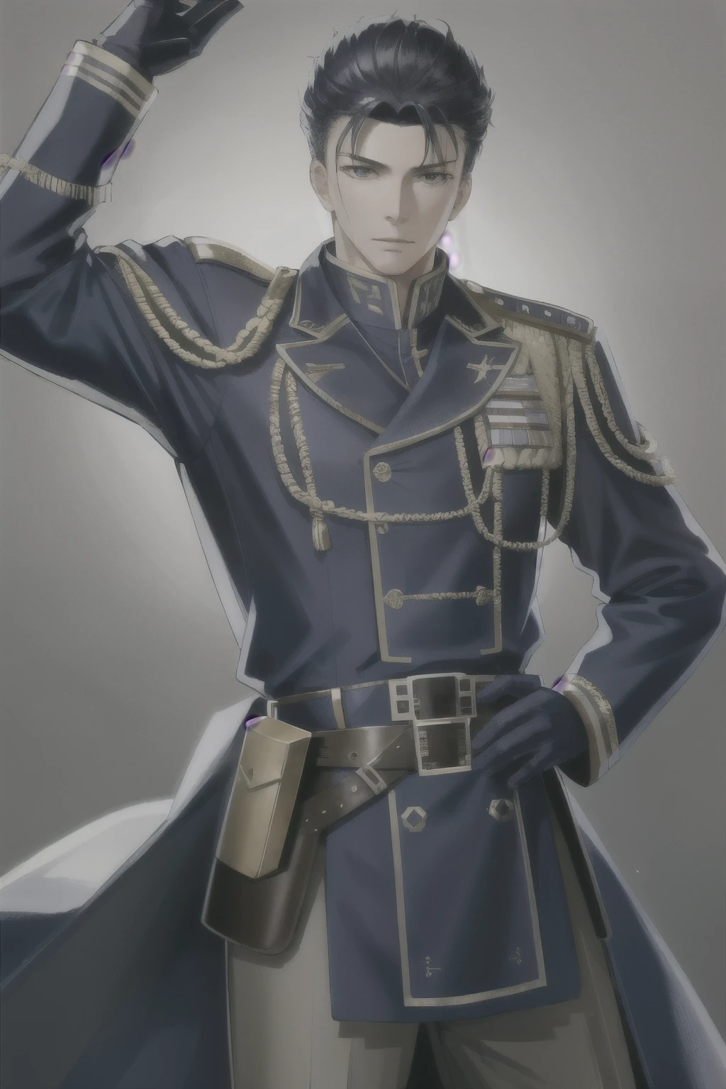 (absurdres, highres, ultra detailed), 1 male, solo, adult, not mature, neutral pose, one earing, handsome, short light-blue hear, tall military hat in old russian style, military deep blue coat, old russian imperor style, shy face, bright yellow eyes, angular jaw, thick neck, thick eyebrows, military suit, complex details BREAK, visual novel style, main hero of the novel BREAK, serviceperson, visual novel style, different face emotions