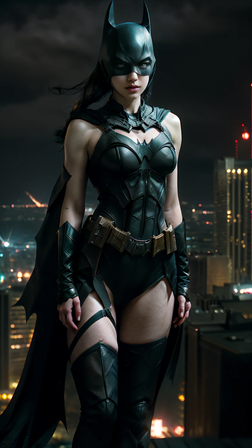 ((masterpiece, highest quality, High resolution, Realistic, to be born, 8k wallpaper)),standing in bikini style, (whole body facing forward）,A threatening posture with the body facing the camera, Very hot and sexy, Amazing beauty, Perfect balance, Beautiful body, Slim body beauty: 1.4), Batman standing on a rooftop overlooking the city skyline at night, Gotham city background, nighttime in Gotham city, Gotham city, From the movie Batman, Gotham city double exposure, Gotham city style, Batman film still, metropolis filmic Gotham city, Cyberpunk Batman, The beauty of the Batman movies， Batman movies are full of atmosphere, Gotham setting, Batman, Gotham,