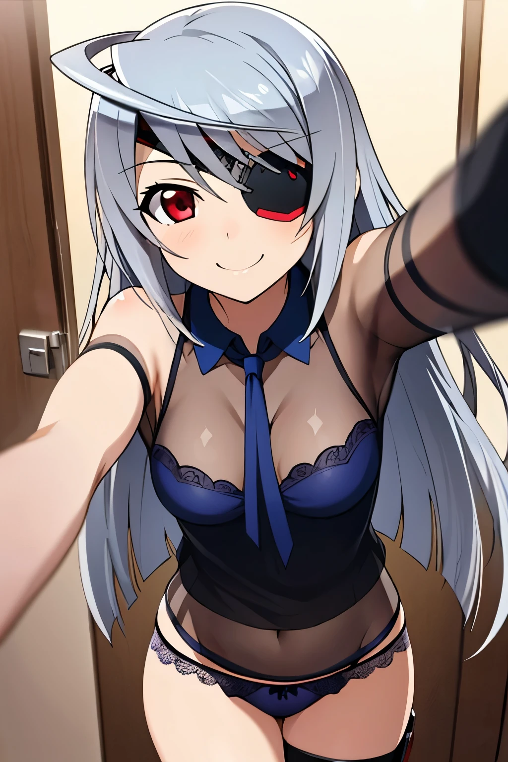 smile, see-through panties,Selfie,Silver Hair,Eye patch,Red Eyes,long hair