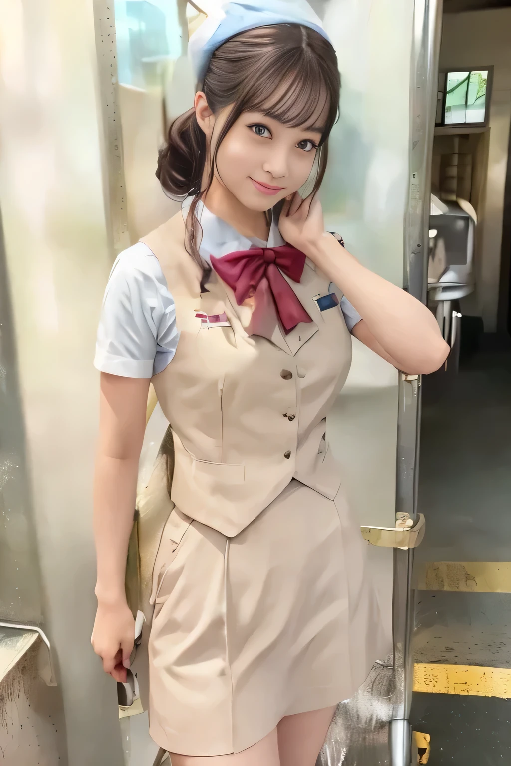 (masterpiece:1.2, Best Quality:1.2), 32K HDR, High resolution, (Alone、1 girl)、（On the roof of a building during the day、Professional Lighting）、Building rooftop background、（Real style of JR Woman wearing train crew uniform beige）、（（JR Female Train Crew Uniform Beige Light Blue Blouse Short Sleeve 、 Knee-length culottes skirt、Beige vest、scarf））、Dark brown hair、（Long Hair、Hair tied up、Hair tied up）、Dark brown hair、Long Shot、Big Breasts、Thin legs、（（Great hands：2.0）），（（Harmonious body proportions：1.5）），（（Normal limbs：2.0）），（（Normal finger：2.0）），（（Delicate eyes：2.0）），（（Normal eyes：2.0））)、smile、（JR Woman Train crew uniform beigeのKnee-length culottes skirtを見せた美しい立ち姿）、Hands down