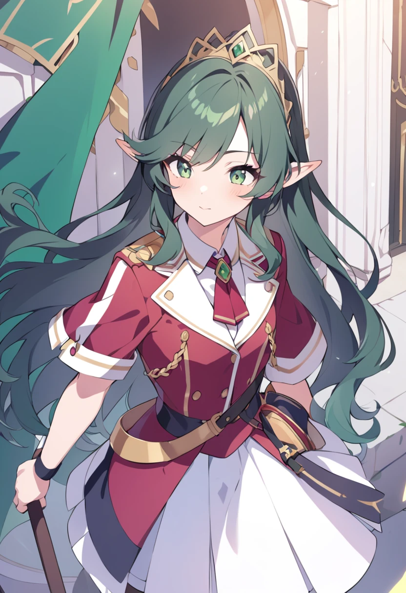 Highest quality, masterpiece, High resolution, alone, （Fire emblem），（FE Heroes_Trabant），Evening sky_background，Middle Age_male，（smug face），（Moss Green_Hair Color）, 4K, masterpiece,， alone, 1,whole body，looking at the camera, Fumaru，Red_Cape，（black_coat），Big Spear，Sharp Eyes，（Full Finger）, （The finer details）, （Anatomically correct）, (映画のbackground), Hyper Detail, (Subtle details), (Intricate details)