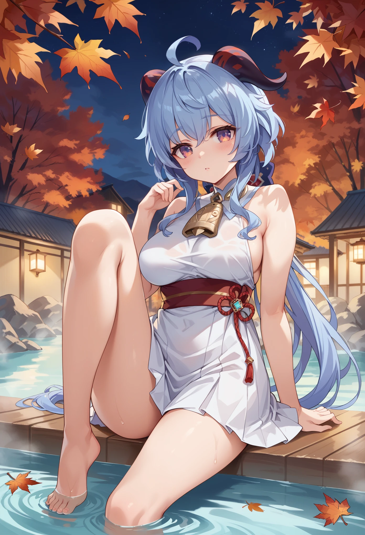 masterpiece，high resolution，Anime Art，Anime Numbers， 4k anime wallpaper，Soft lighting，Original God Ganyu，White tulle skirt，Hot spring pool，Sitting，Leg lift，blush，Horns on the head，Blue Hair，Gradient eyes，Squinting，Night Sky，Autumn maple leaves