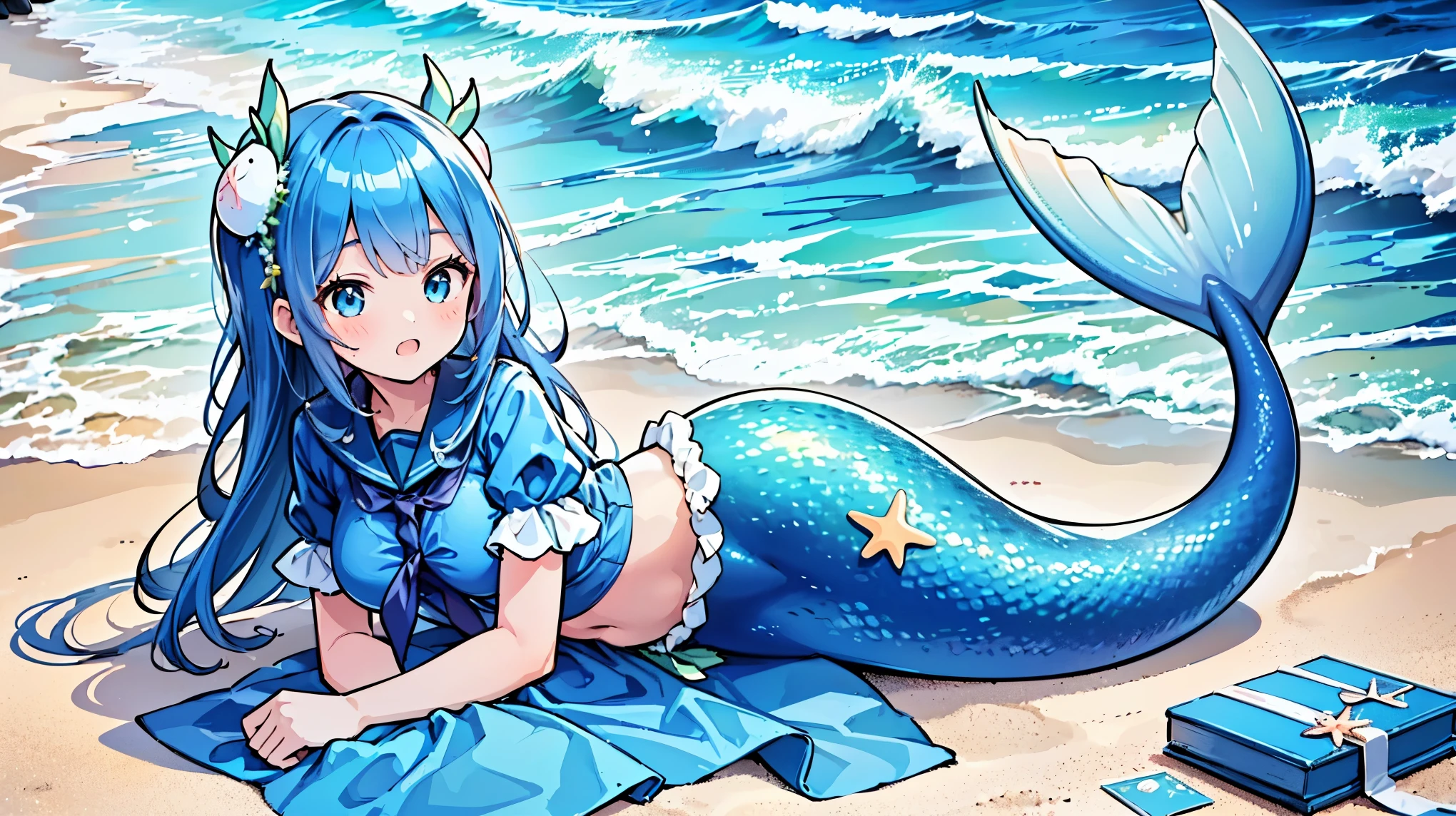 (masterpiece,Best quality),(Full fingers),A woman,Mermaid,Blue Shirt,White short sleeve,Large Breasts,藍色的Mermaid尾巴,Full body photo,beach,Sea view,Lying on the beach,charming脸(Kawaii, charming,Soft)