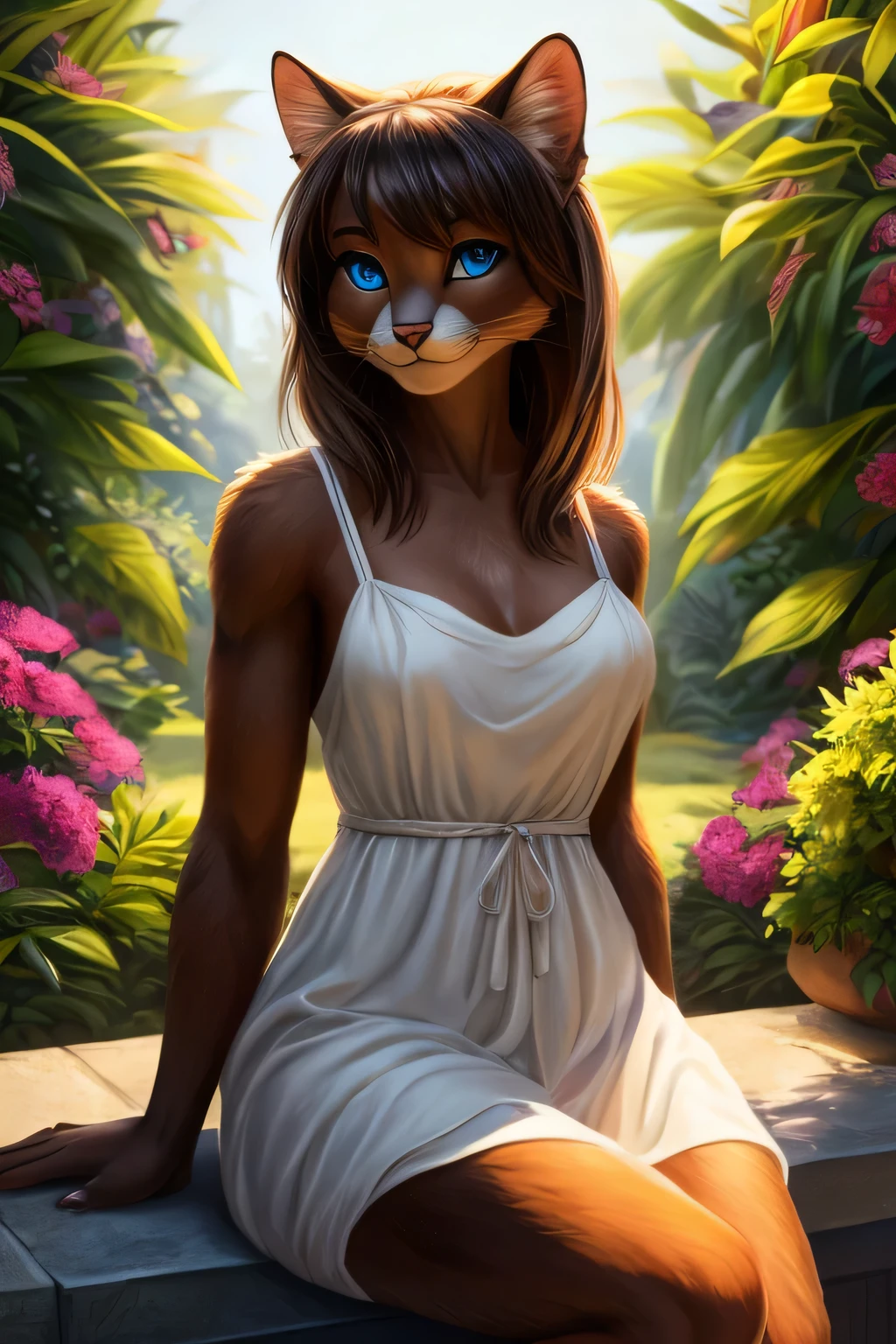 solo anthro, portrait, flat abs, medium hips, medium breasts, ringtail cat, ringtail cat body fur, three-quarter view, Furry Fantasy Art, Anthro Art, Furry Art, POV furry Art, masterpiece 1.21, best quality, detailed image, bright colors, detailed face, perfect lighting, perfect shadows, perfect blue eyes, girl focus, flawless face, gorgeous body, center focus, full body, detailed fur, balanced coloring, global illumination, sitting in a garden, clear sky, sunny day, wearing a sun dress,