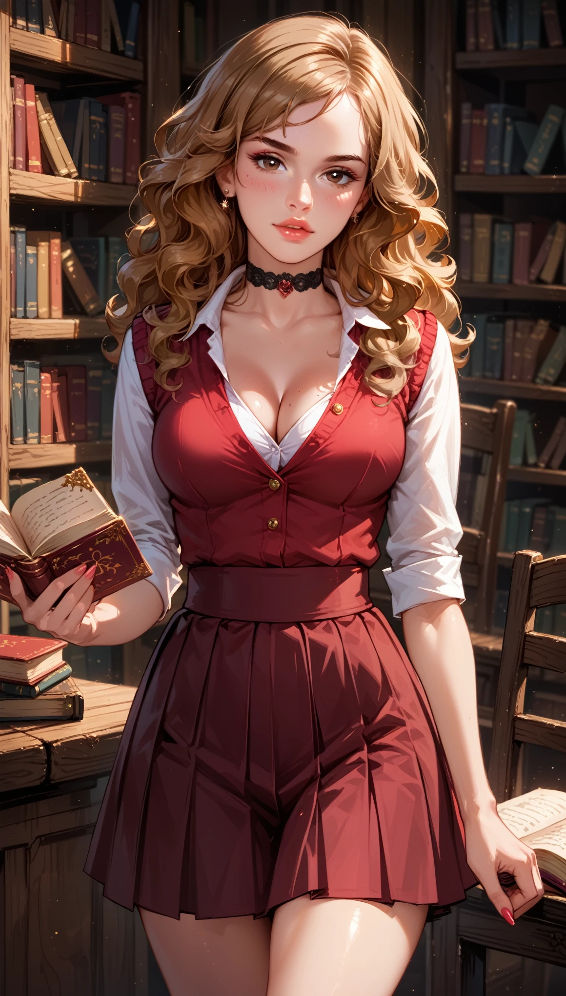 score_9, score_8_up, score_7_up, BREAK rating_questionable, epiCPhoto 1girl, solo, BREAK very sexy (Hermione Ganger, cartoon of hrmgrgr, long wavy hair, light brown hair, brown eyes:1.3), BREAK sexy school uniform, white_blouse, maroon_skirt, thigh, cleavage, black_choker, BREAK flirt, gaze, sexy look, half-closed eyes, head tilt, filled lips, thick lips, makeup, BREAK in Hogwarts library, holding a spell book, book is open, reading, dark, moody.