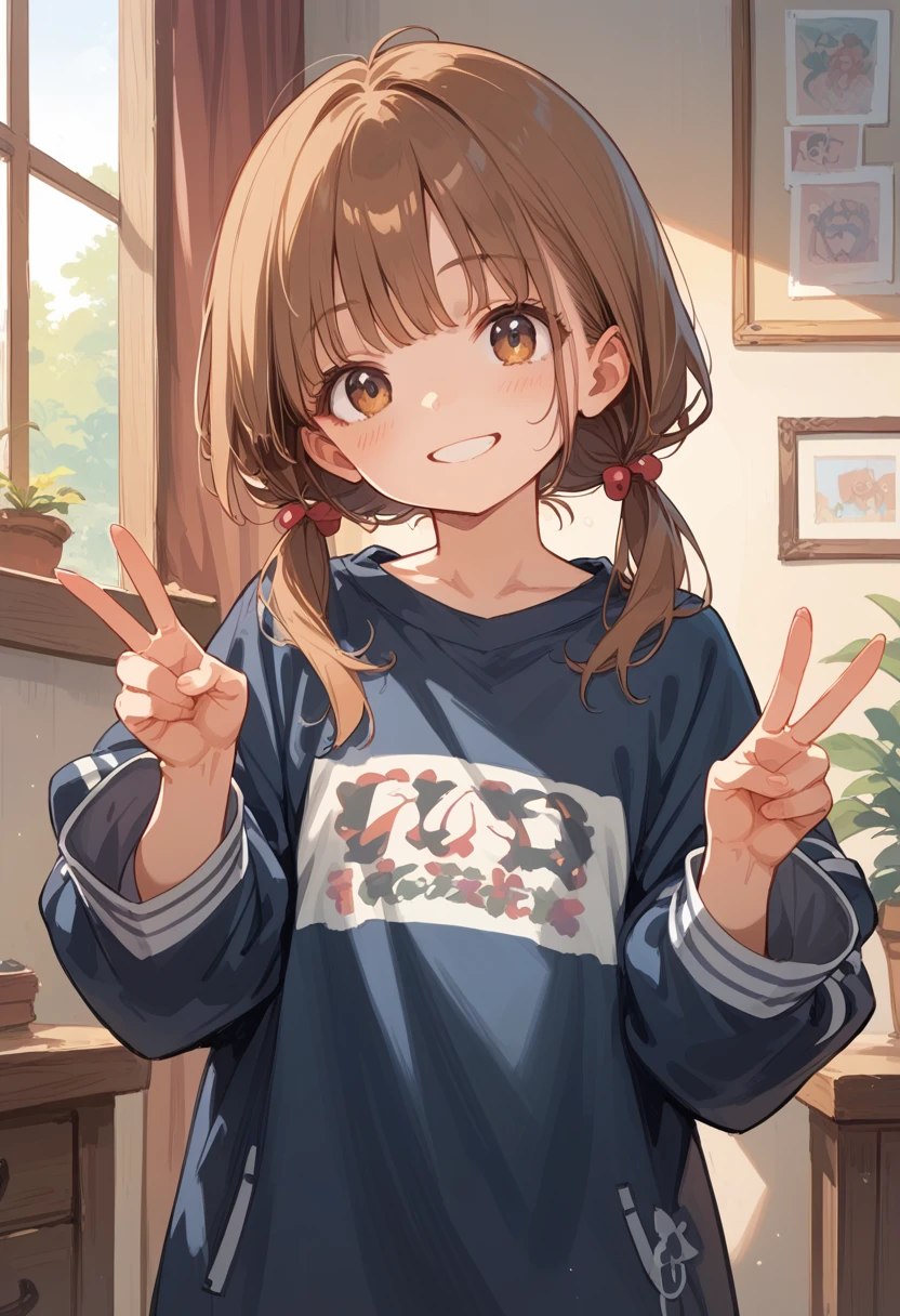 8k, (score_9, score_8_up, score_7_up), best quality, masterpiece, source_anime,Private room, 1girl solo, , oversized jersey, double peace sign, smile, brown hair, very short low twin tails, tilt your head to the side