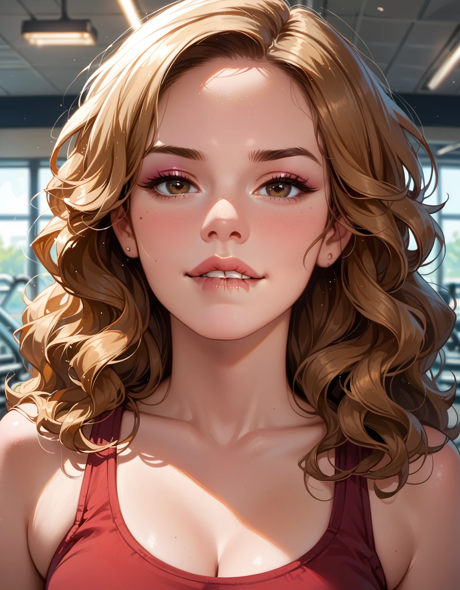 score_9, score_8_up, score_7_up, rating_questionable, epiCPhoto, 1girl, very sexy ((Hermione Ganger, cartoon of hrmgrgr, long wavy hair, light brown hair, brown eyes:1.1), beautiful waifu, burgundy yoga top, in gym, thicc, solo, cute, flirt, gaze, sexy look, (sultry look, biting bottom lip:1.3), half-closed eyes, head tilt, filled lips, thick lips, makeup, modelling shoot, sexy pose, face portrait, close-up.